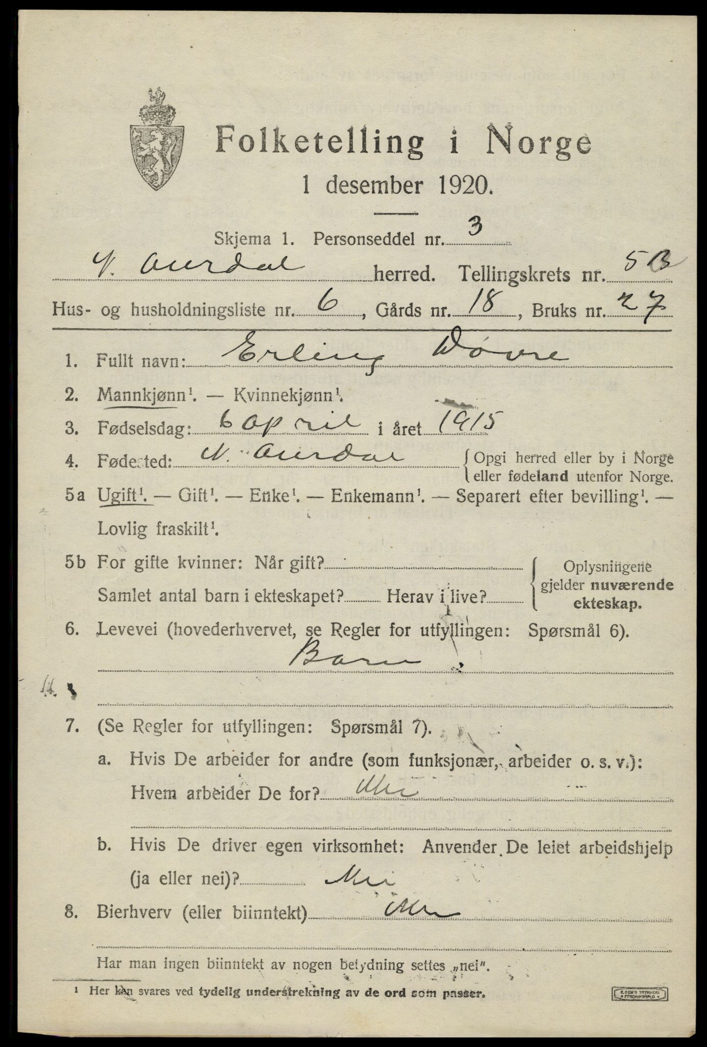 SAH, 1920 census for Nord-Aurdal, 1920, p. 4726