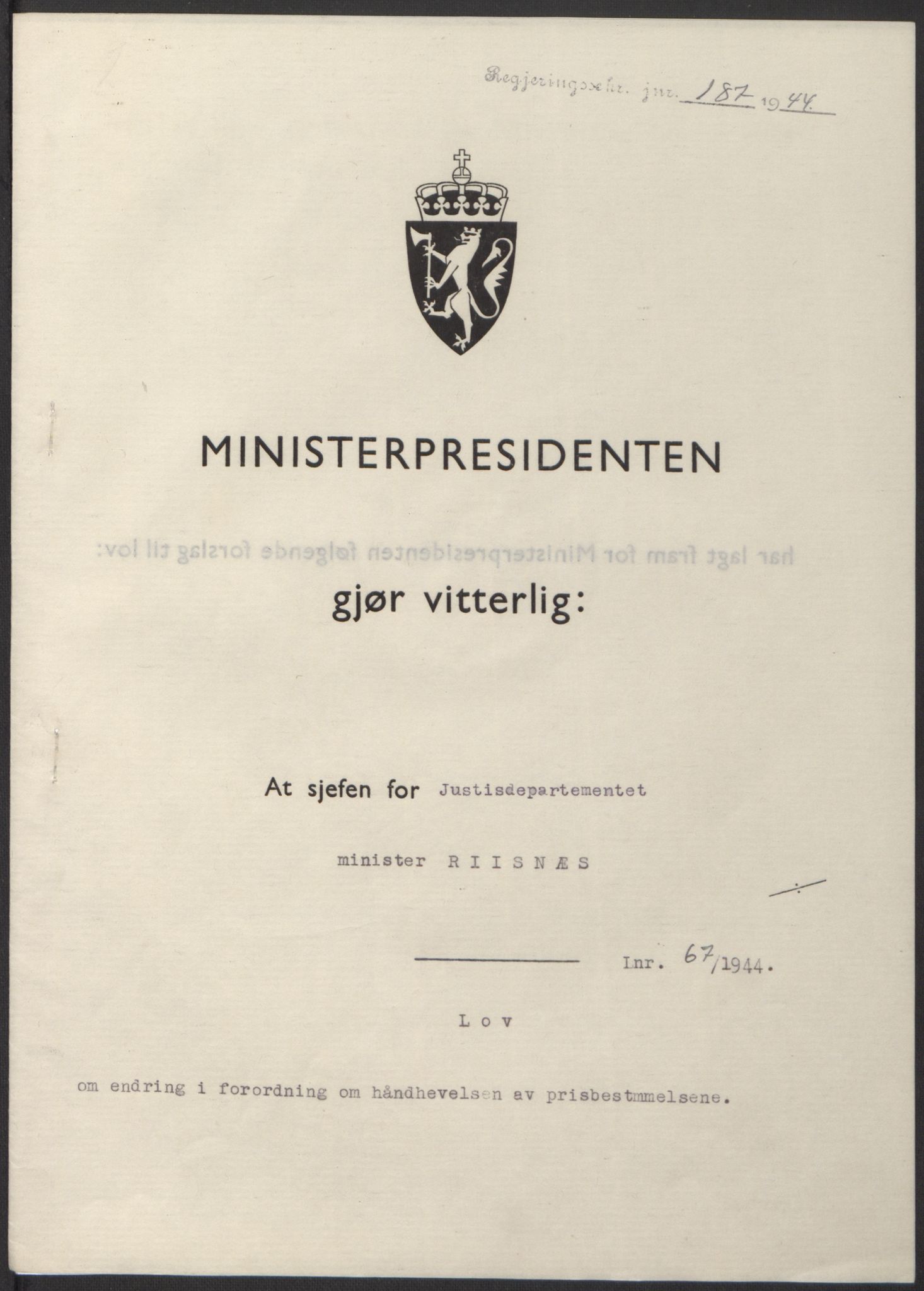 NS-administrasjonen 1940-1945 (Statsrådsekretariatet, de kommisariske statsråder mm), RA/S-4279/D/Db/L0100: Lover, 1944, p. 316