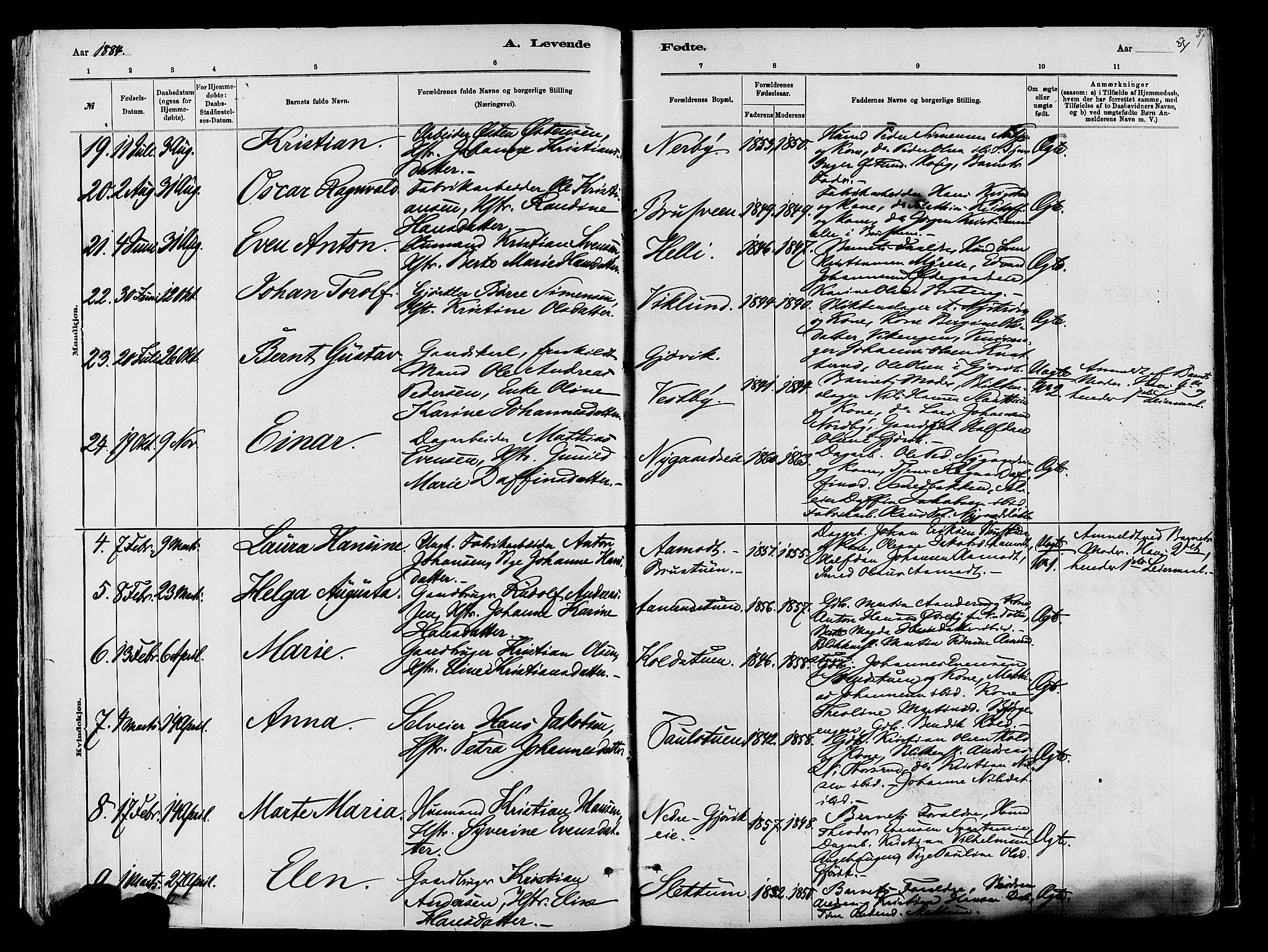 Vardal prestekontor, SAH/PREST-100/H/Ha/Haa/L0009: Parish register (official) no. 9, 1878-1892, p. 37
