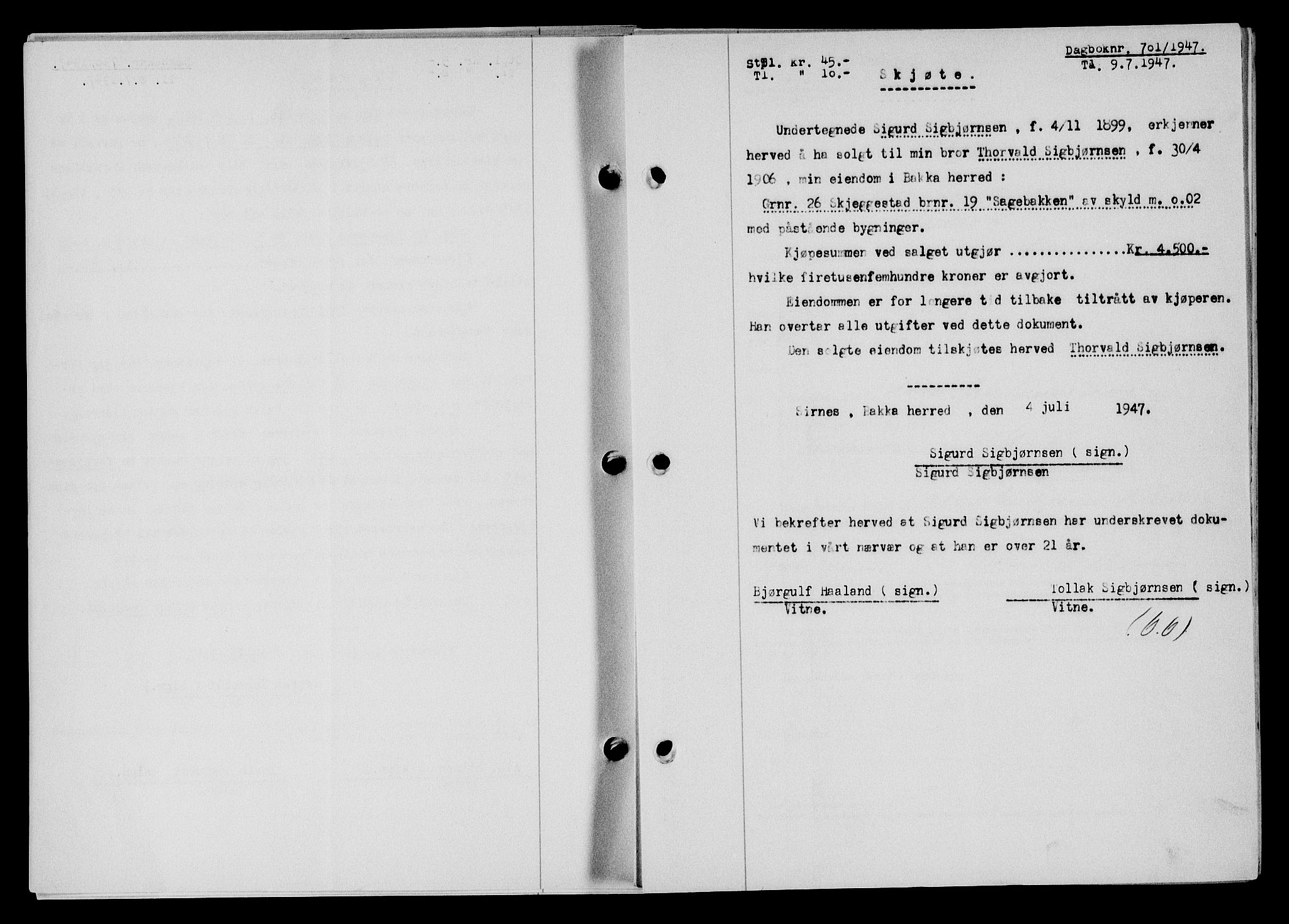 Flekkefjord sorenskriveri, SAK/1221-0001/G/Gb/Gba/L0062: Mortgage book no. A-10, 1947-1947, Diary no: : 701/1947