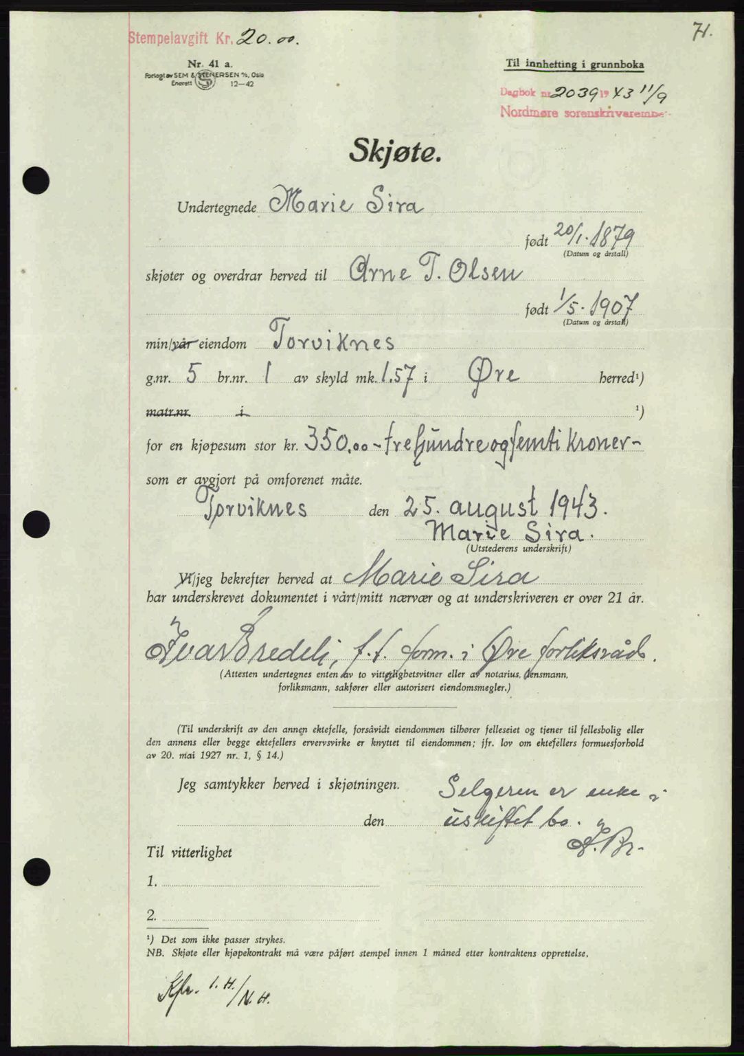 Nordmøre sorenskriveri, SAT/A-4132/1/2/2Ca: Mortgage book no. A96, 1943-1944, Diary no: : 2039/1943
