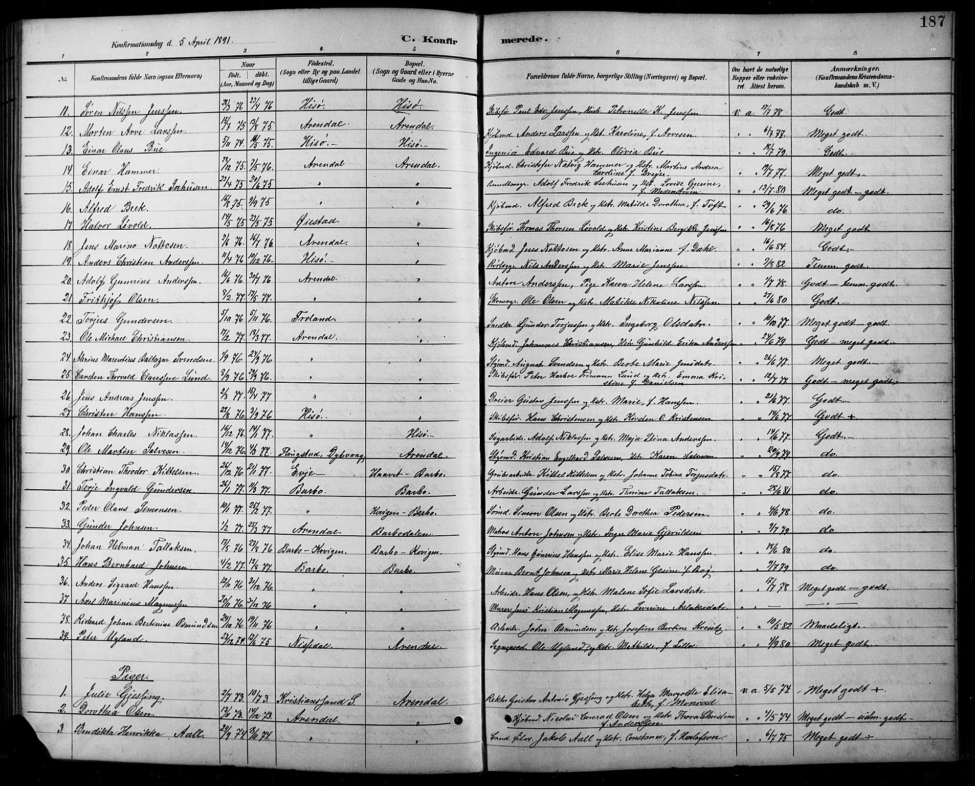 Arendal sokneprestkontor, Trefoldighet, SAK/1111-0040/F/Fb/L0006: Parish register (copy) no. B 6, 1889-1916, p. 187