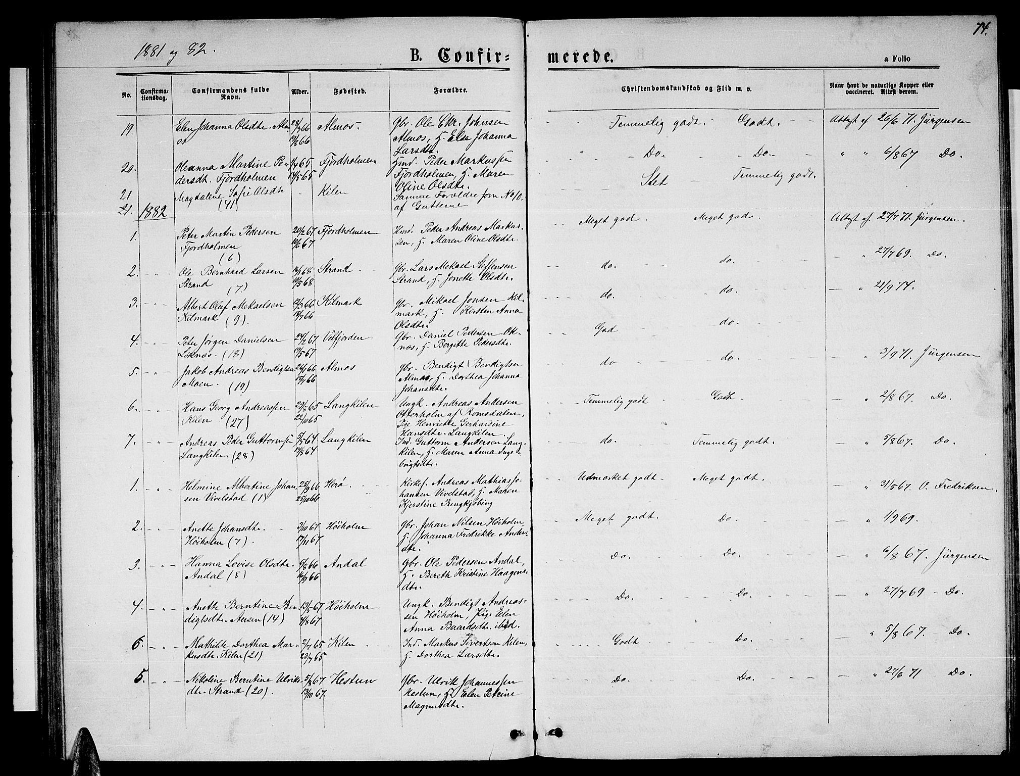 Ministerialprotokoller, klokkerbøker og fødselsregistre - Nordland, AV/SAT-A-1459/819/L0276: Parish register (copy) no. 819C02, 1869-1887, p. 74