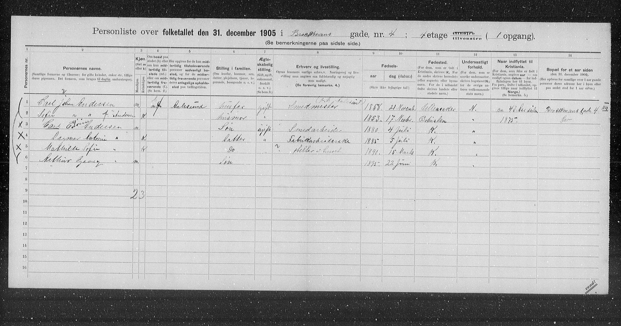 OBA, Municipal Census 1905 for Kristiania, 1905, p. 4869