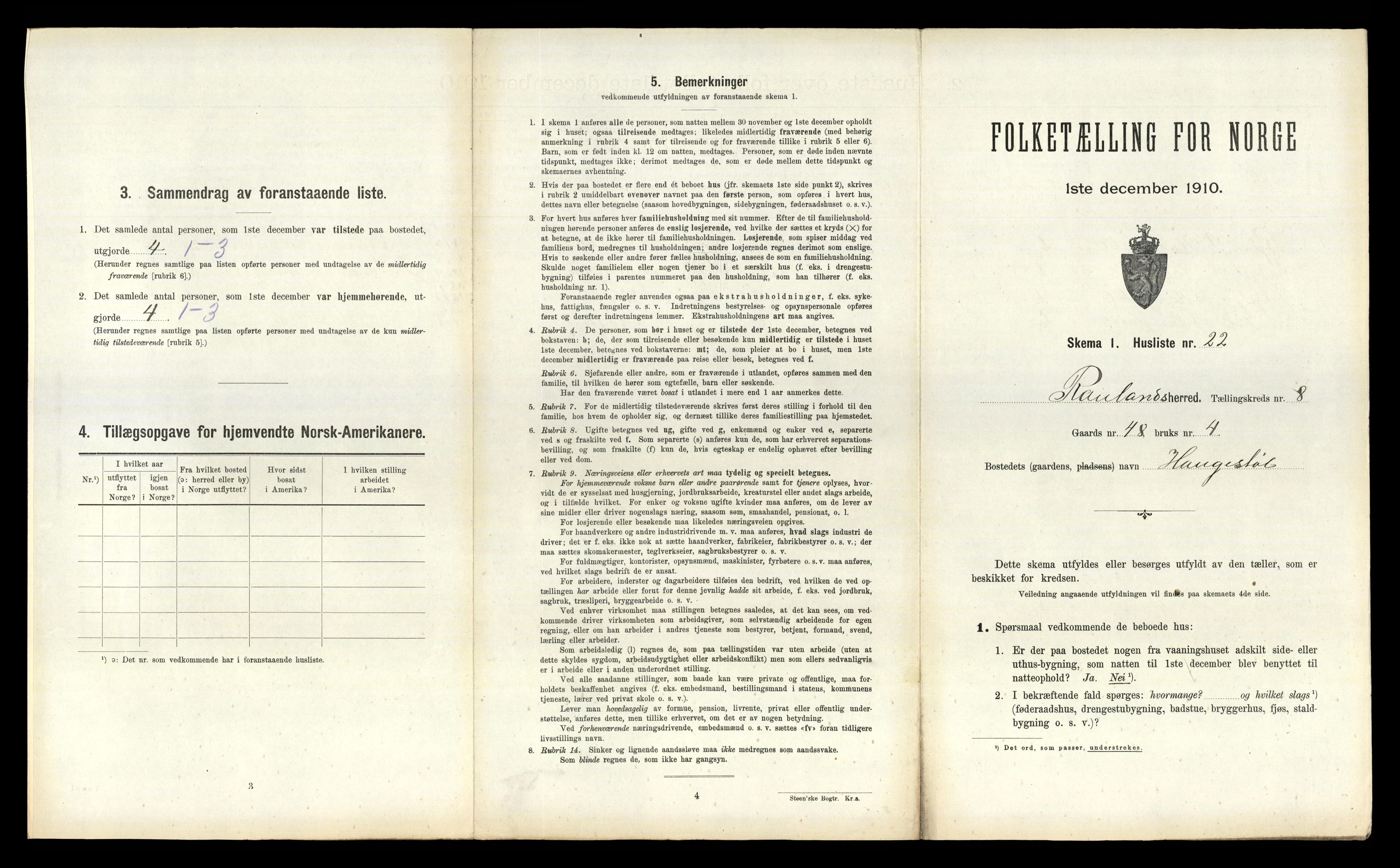 RA, 1910 census for Rauland, 1910, p. 311