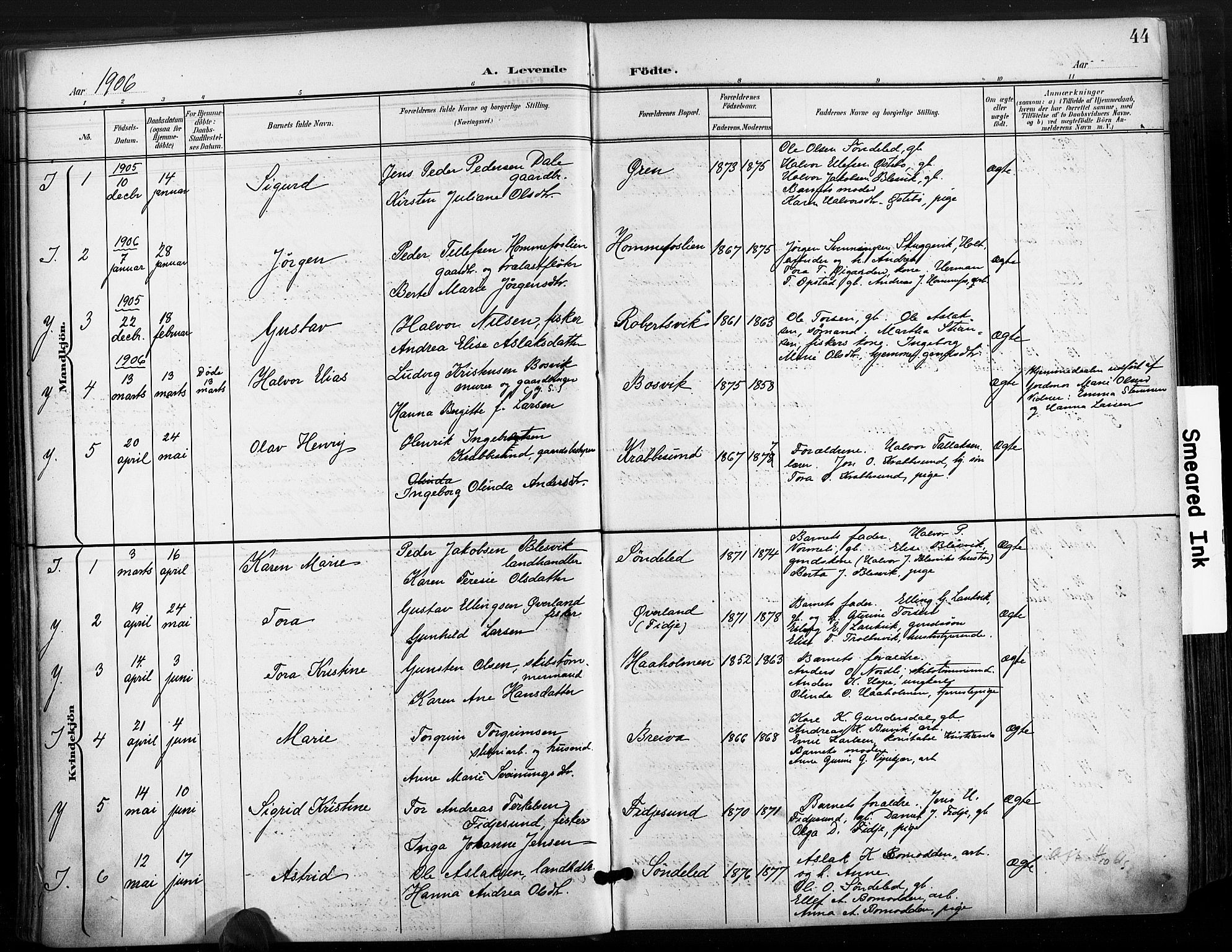 Søndeled sokneprestkontor, SAK/1111-0038/F/Fa/L0006: Parish register (official) no. A 6, 1900-1922, p. 44