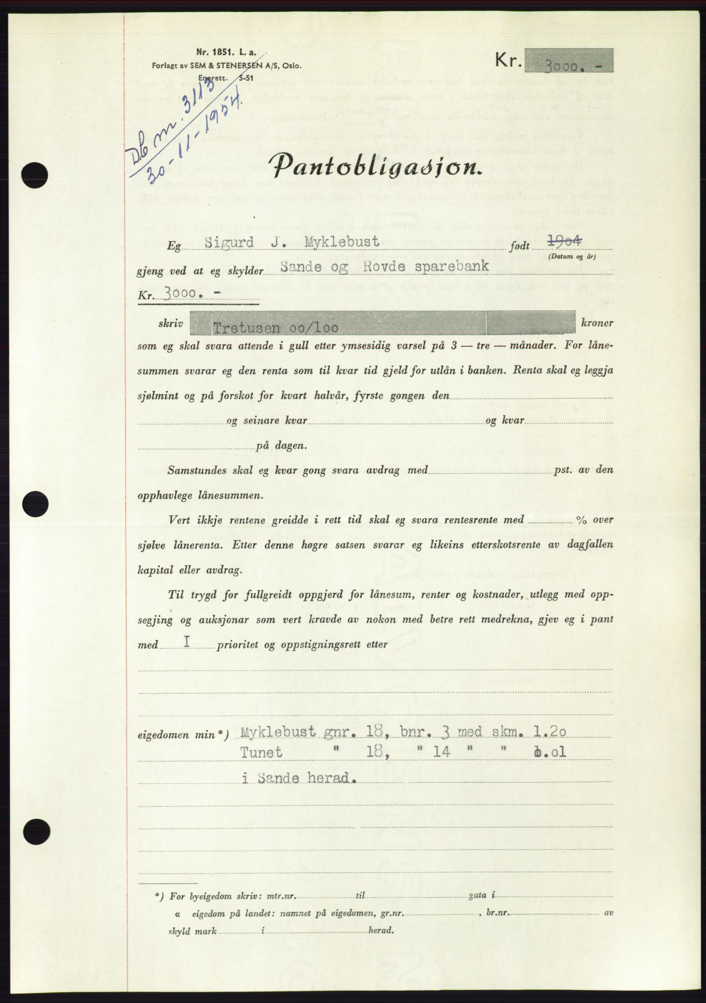 Søre Sunnmøre sorenskriveri, AV/SAT-A-4122/1/2/2C/L0126: Mortgage book no. 14B, 1954-1955, Diary no: : 3113/1954