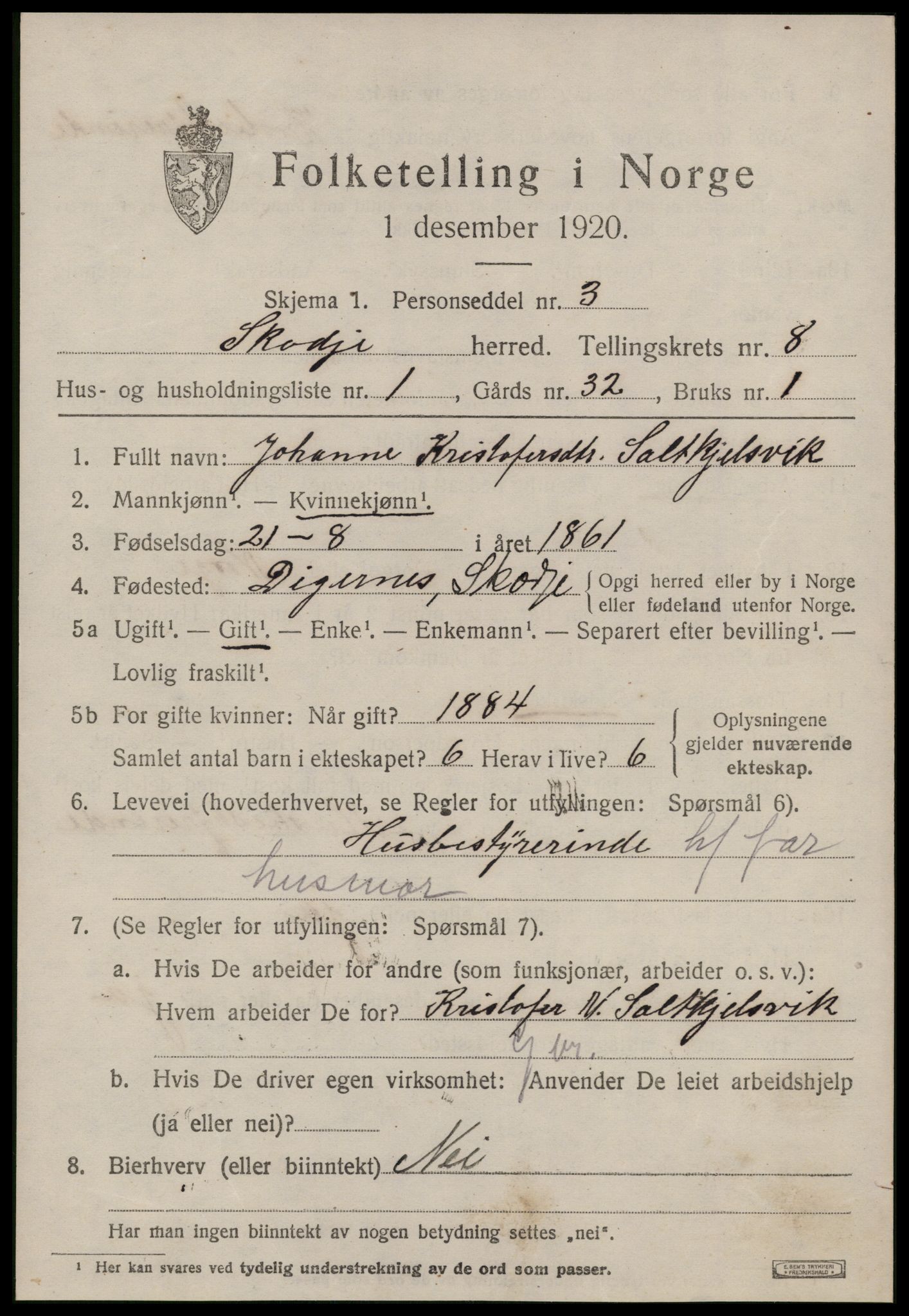 SAT, 1920 census for Skodje, 1920, p. 3471