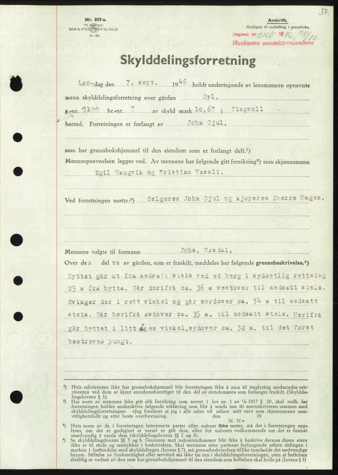 Nordmøre sorenskriveri, AV/SAT-A-4132/1/2/2Ca: Mortgage book no. A103, 1946-1947, Diary no: : 2165/1946