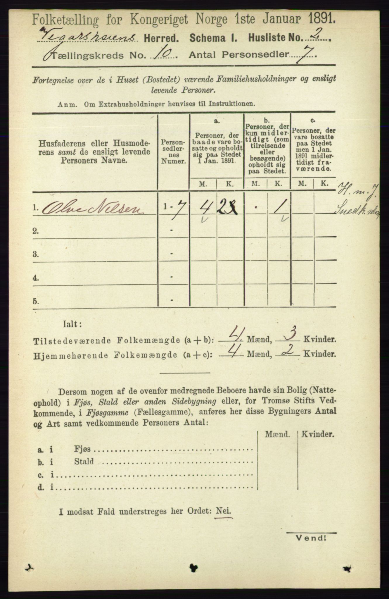 RA, 1891 census for 0912 Vegårshei, 1891, p. 1880