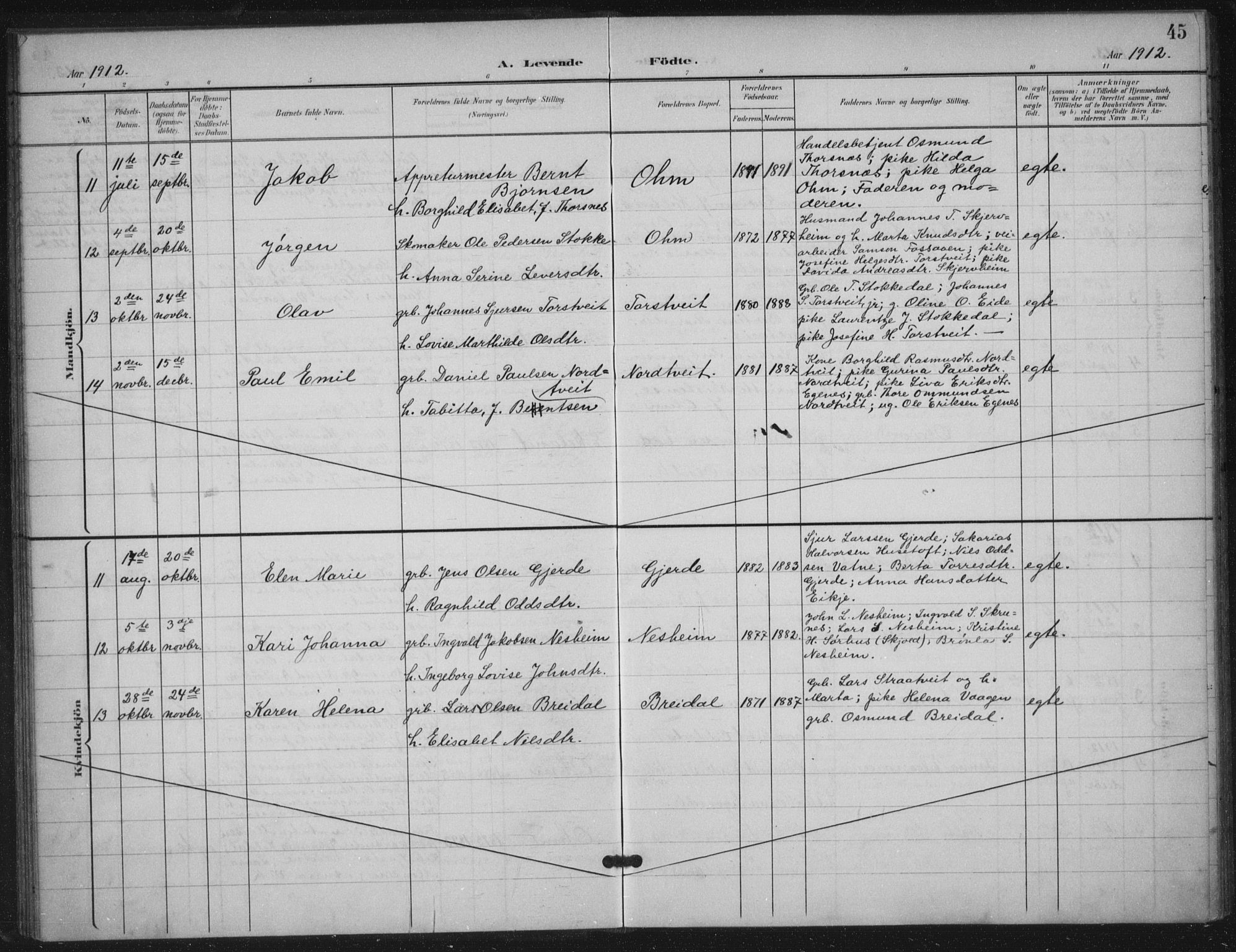 Skjold sokneprestkontor, AV/SAST-A-101847/H/Ha/Haa/L0012: Parish register (official) no. A 12, 1899-1915, p. 45