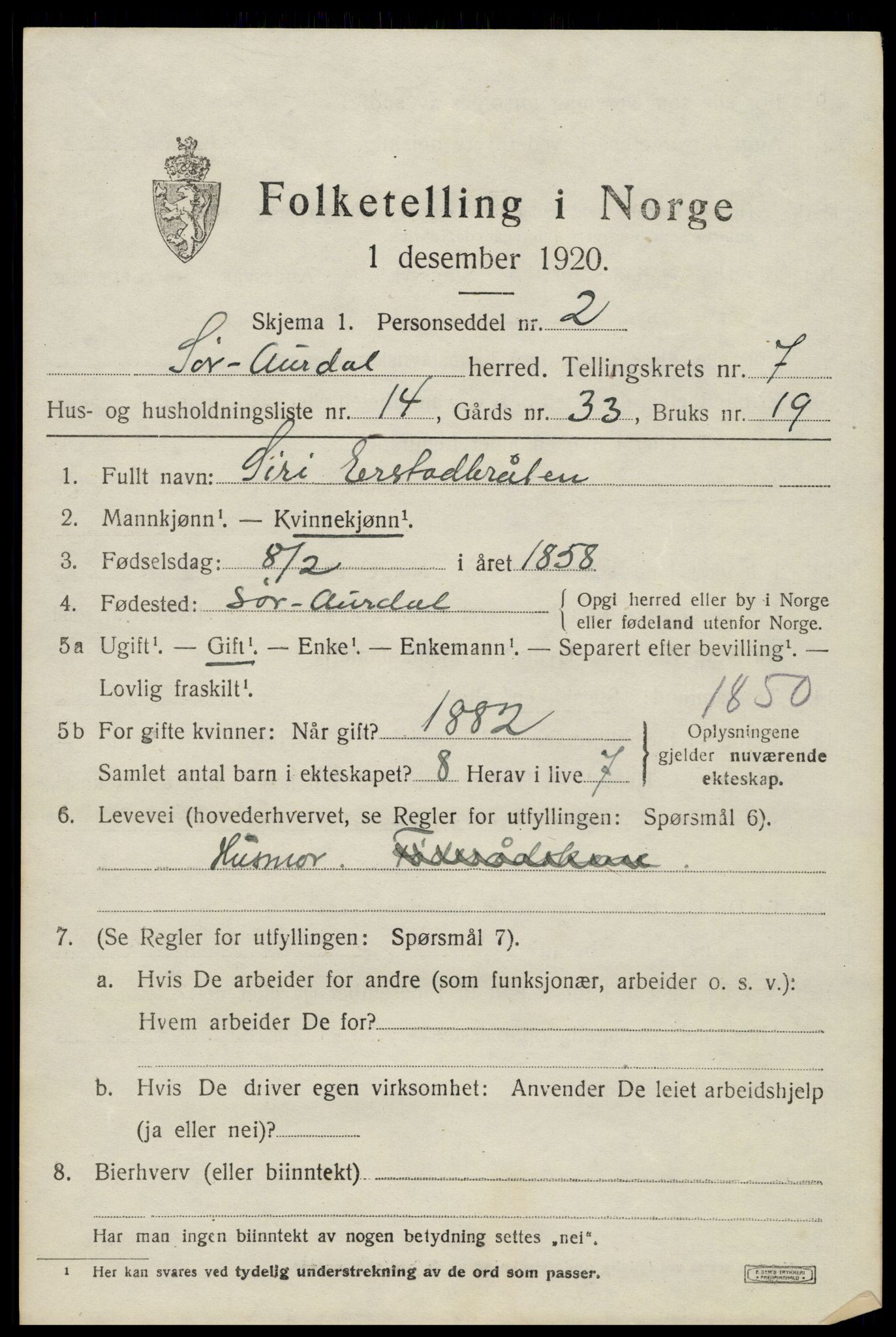 SAH, 1920 census for Sør-Aurdal, 1920, p. 3731