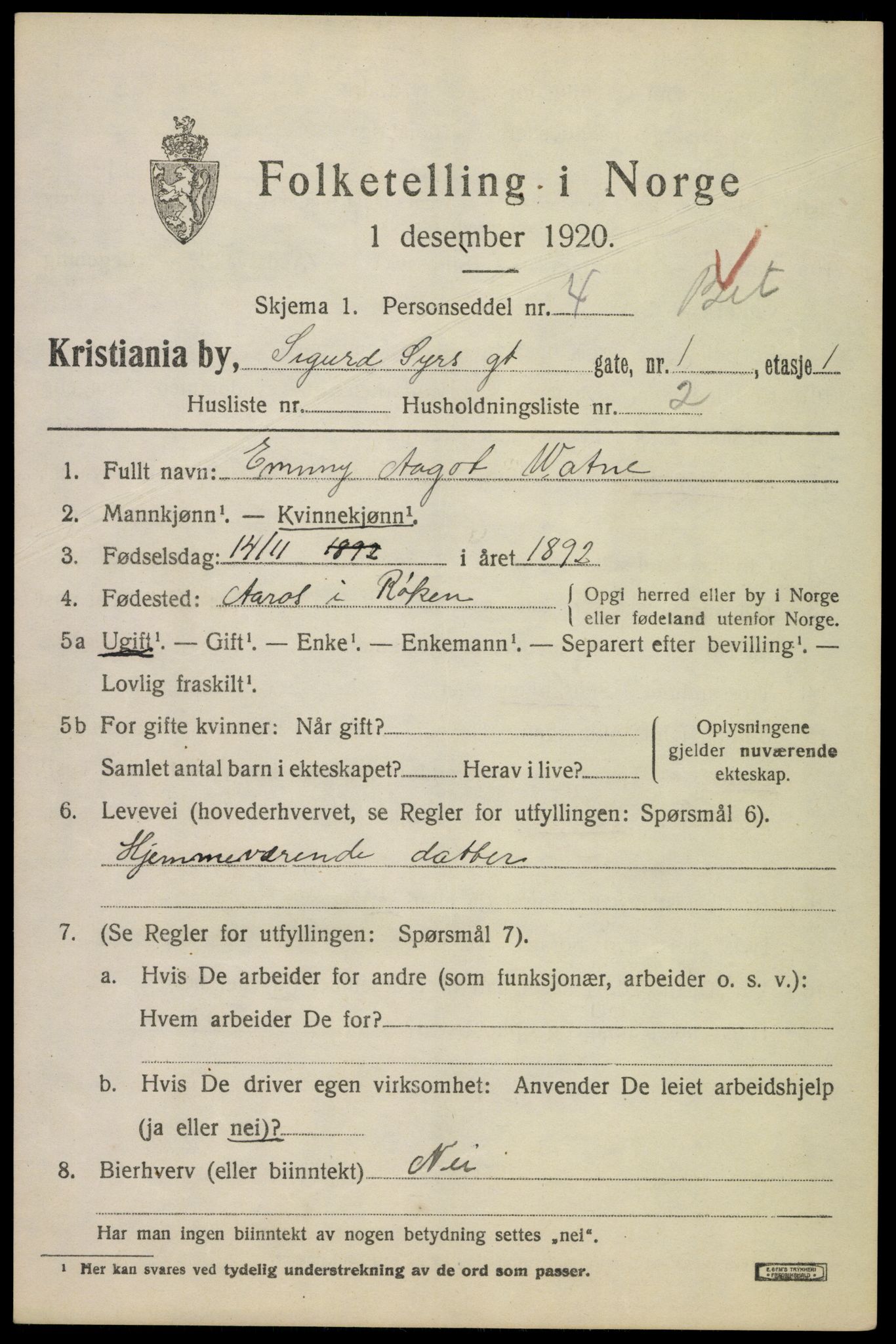 SAO, 1920 census for Kristiania, 1920, p. 510027