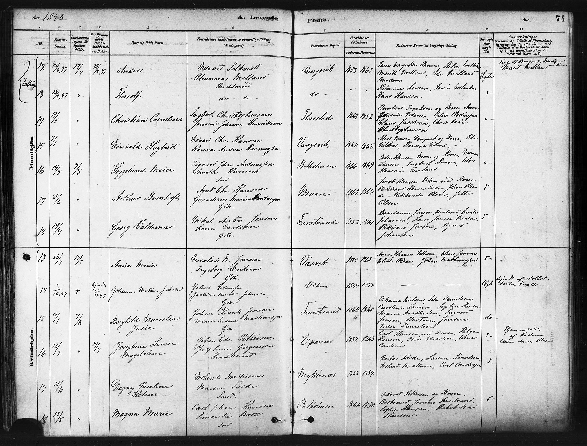 Tranøy sokneprestkontor, AV/SATØ-S-1313/I/Ia/Iaa/L0009kirke: Parish register (official) no. 9, 1878-1904, p. 74