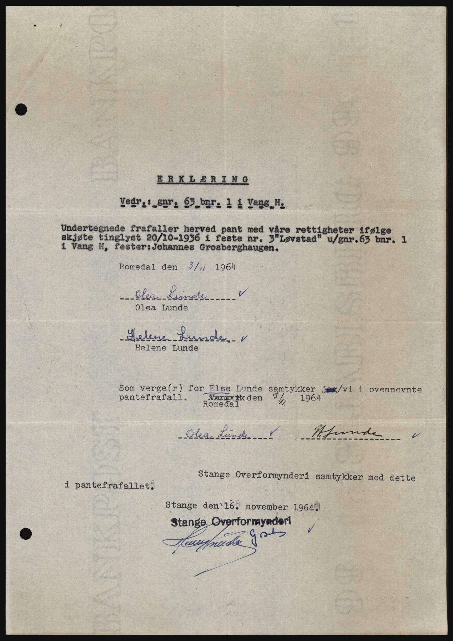 Nord-Hedmark sorenskriveri, SAH/TING-012/H/Hc/L0021: Mortgage book no. 21, 1964-1965, Diary no: : 6318/1964