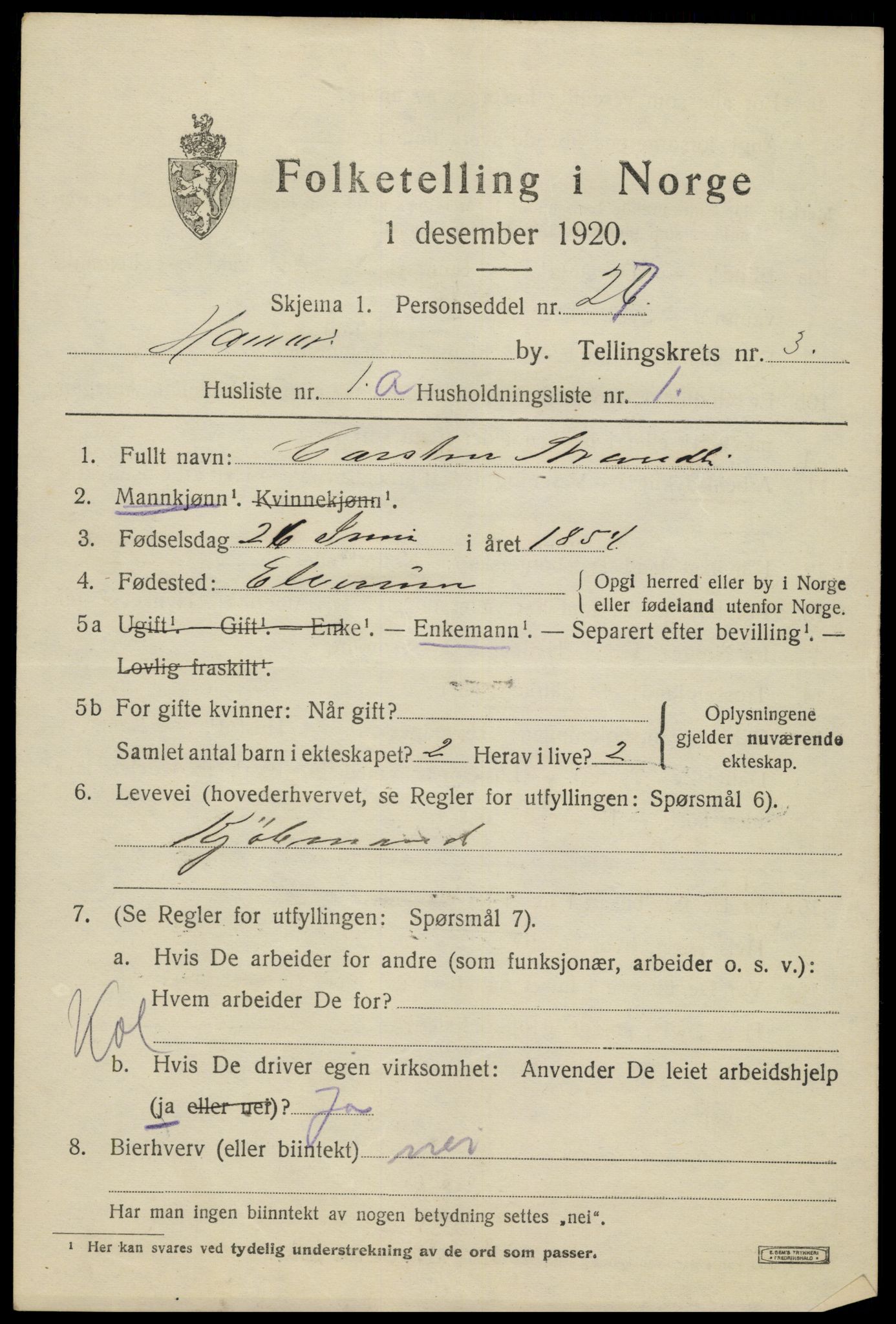 SAH, 1920 census for Hamar, 1920, p. 6771