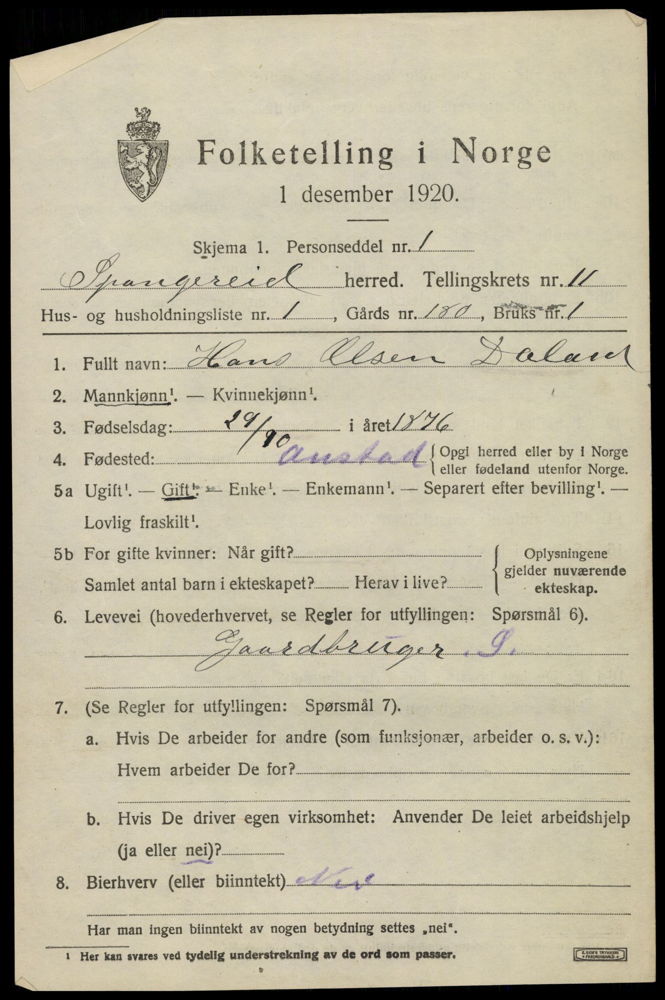 SAK, 1920 census for Spangereid, 1920, p. 3649