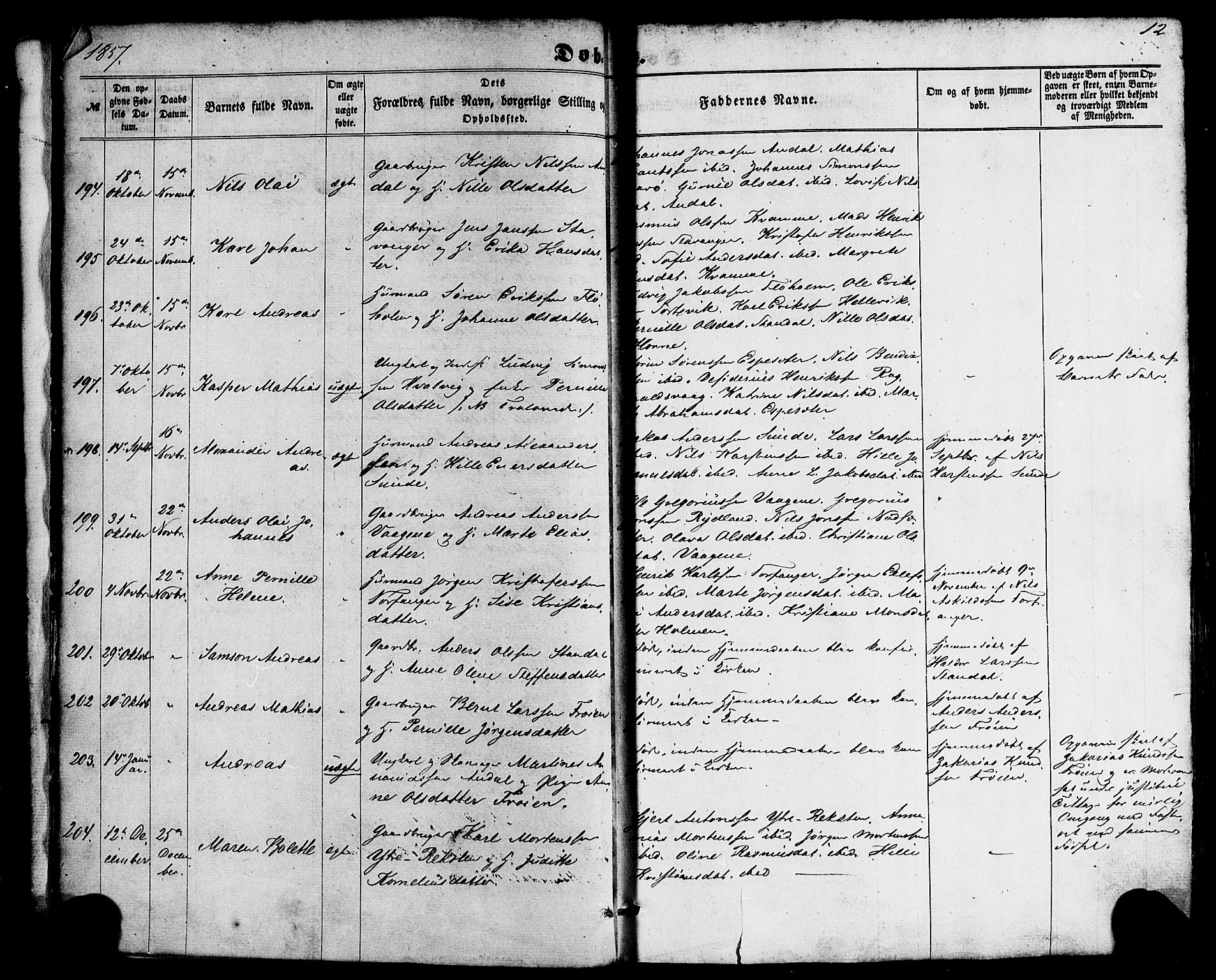 Kinn sokneprestembete, SAB/A-80801/H/Haa/Haaa/L0006: Parish register (official) no. A 6, 1857-1885, p. 12