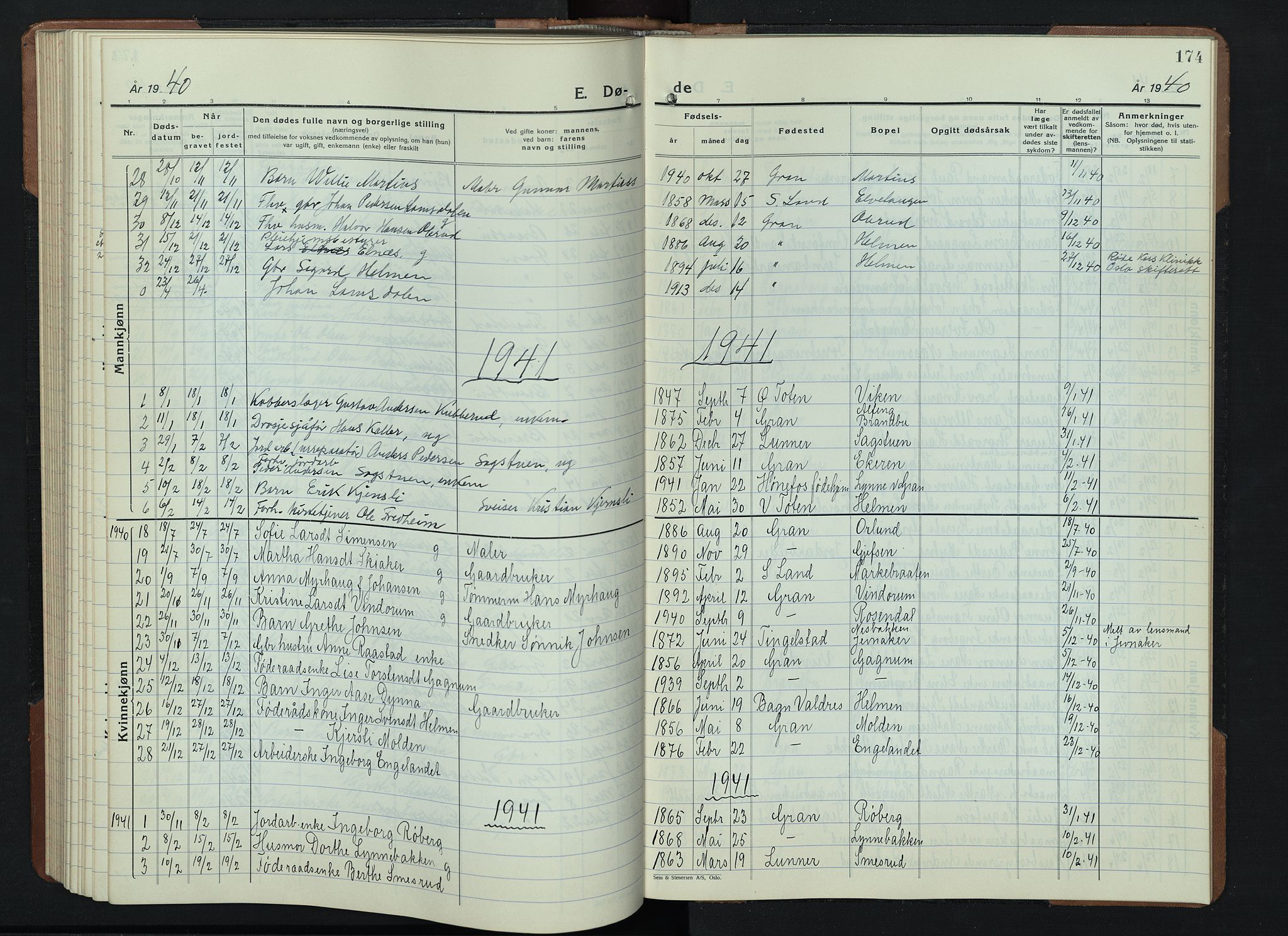 Gran prestekontor, AV/SAH-PREST-112/H/Ha/Hab/L0009: Parish register (copy) no. 9, 1933-1950, p. 174