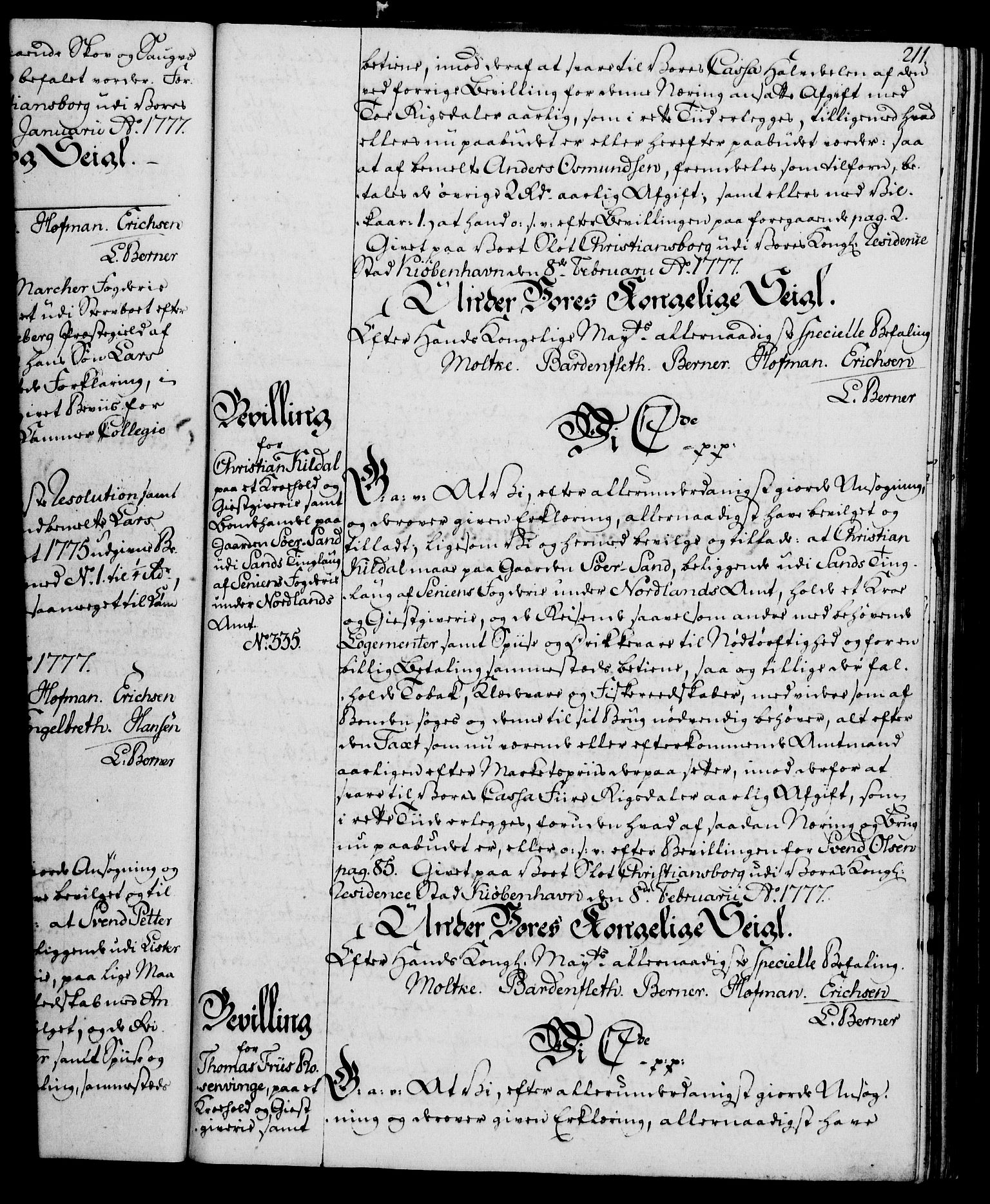 Rentekammeret, Kammerkanselliet, AV/RA-EA-3111/G/Gg/Gga/L0010: Norsk ekspedisjonsprotokoll med register (merket RK 53.10), 1773-1778, p. 211