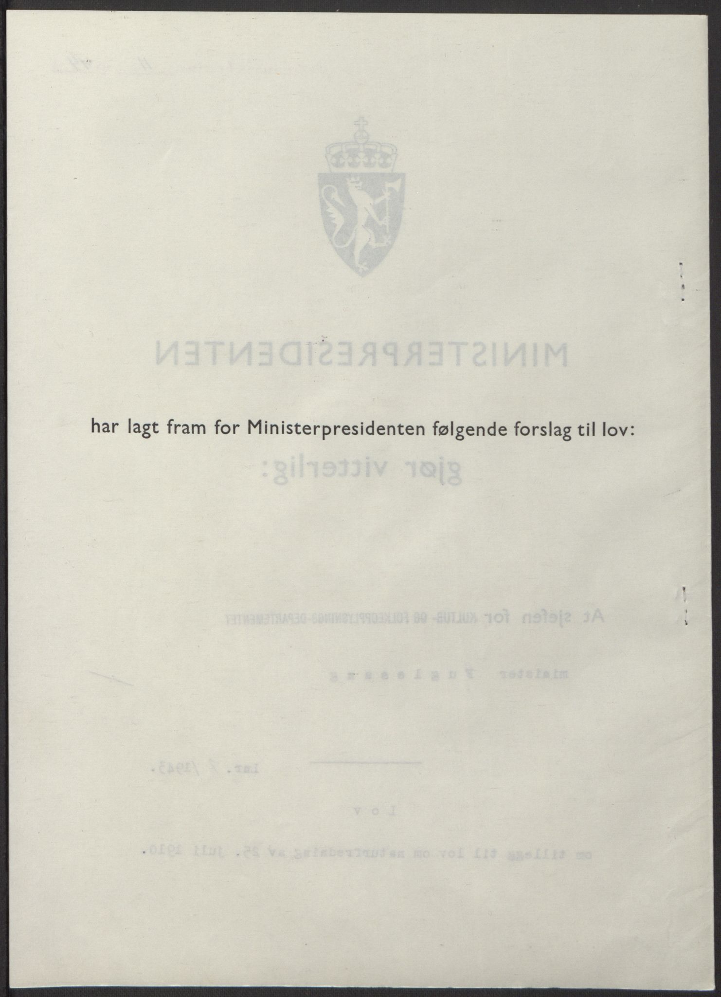 NS-administrasjonen 1940-1945 (Statsrådsekretariatet, de kommisariske statsråder mm), RA/S-4279/D/Db/L0100: Lover, 1944, p. 31