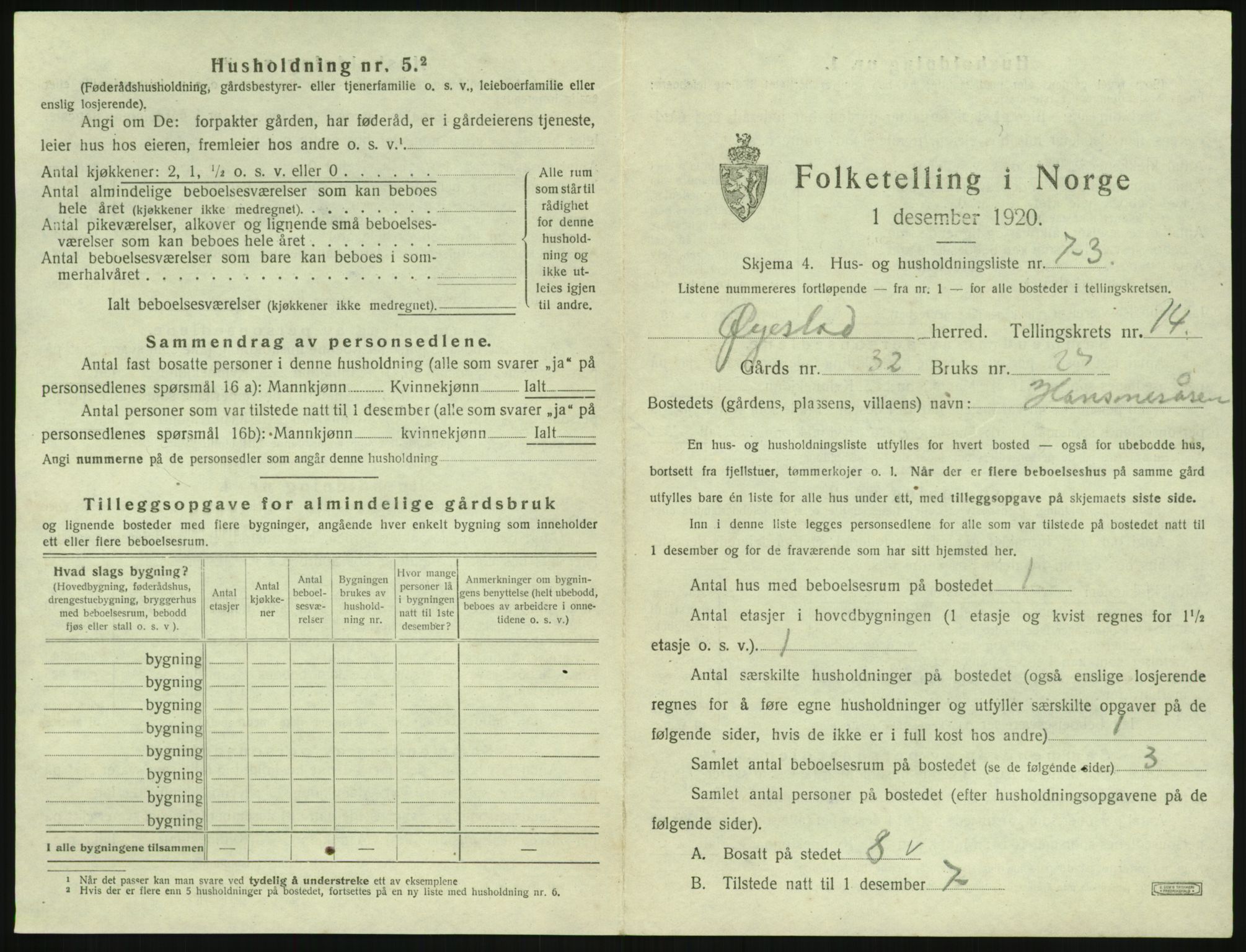 SAK, 1920 census for Øyestad, 1920, p. 1702