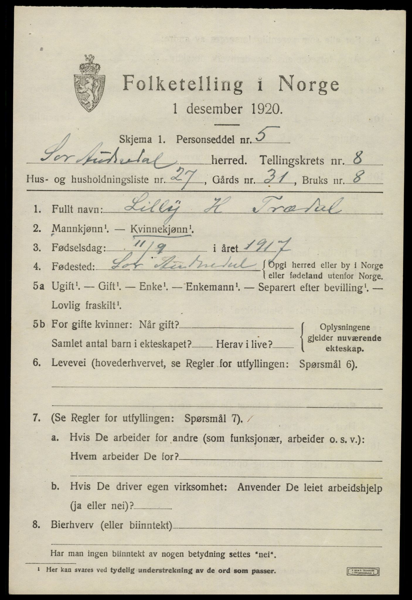 SAK, 1920 census for Sør-Audnedal, 1920, p. 3443