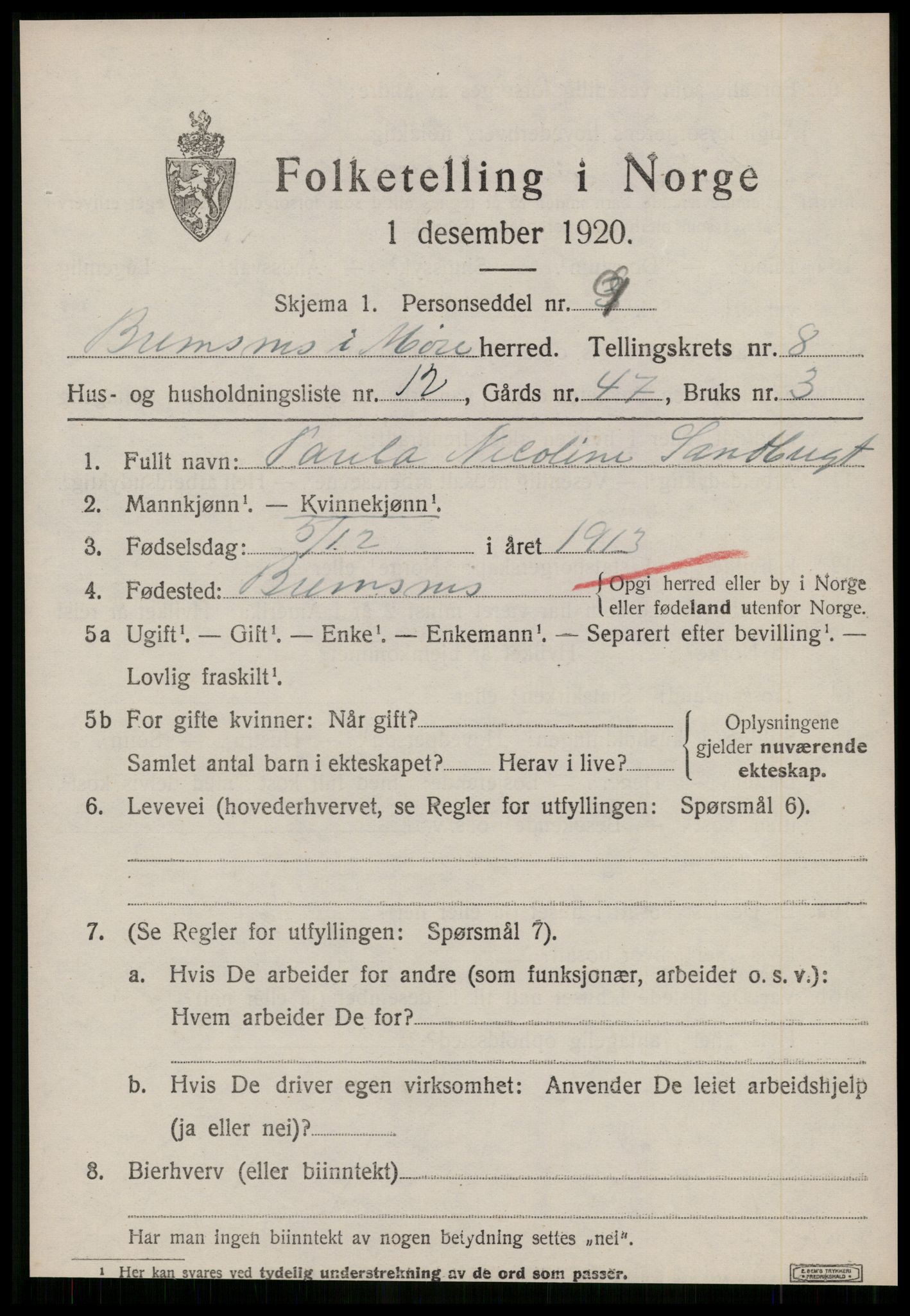 SAT, 1920 census for Bremsnes, 1920, p. 6867