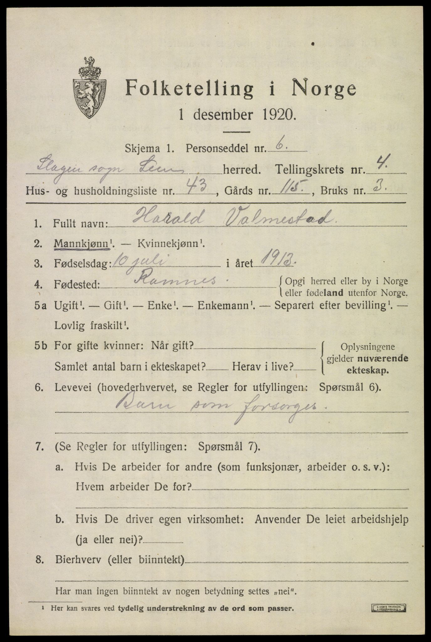 SAKO, 1920 census for Sem, 1920, p. 7549