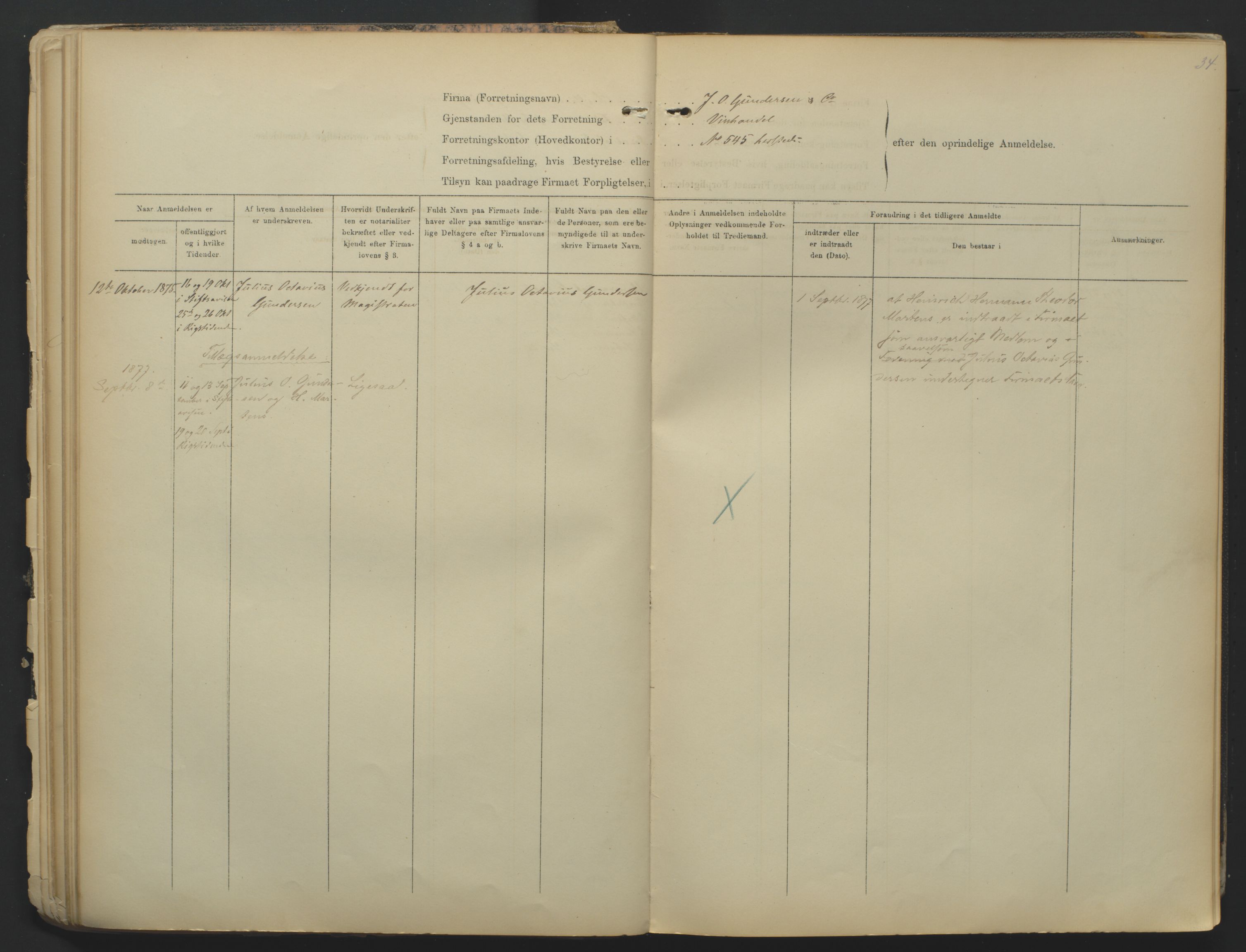 Kristiansand byrett, SAK/1223-0001/K/Kb/L0001: Firmaregister A, med register, 1874-1890, p. 34