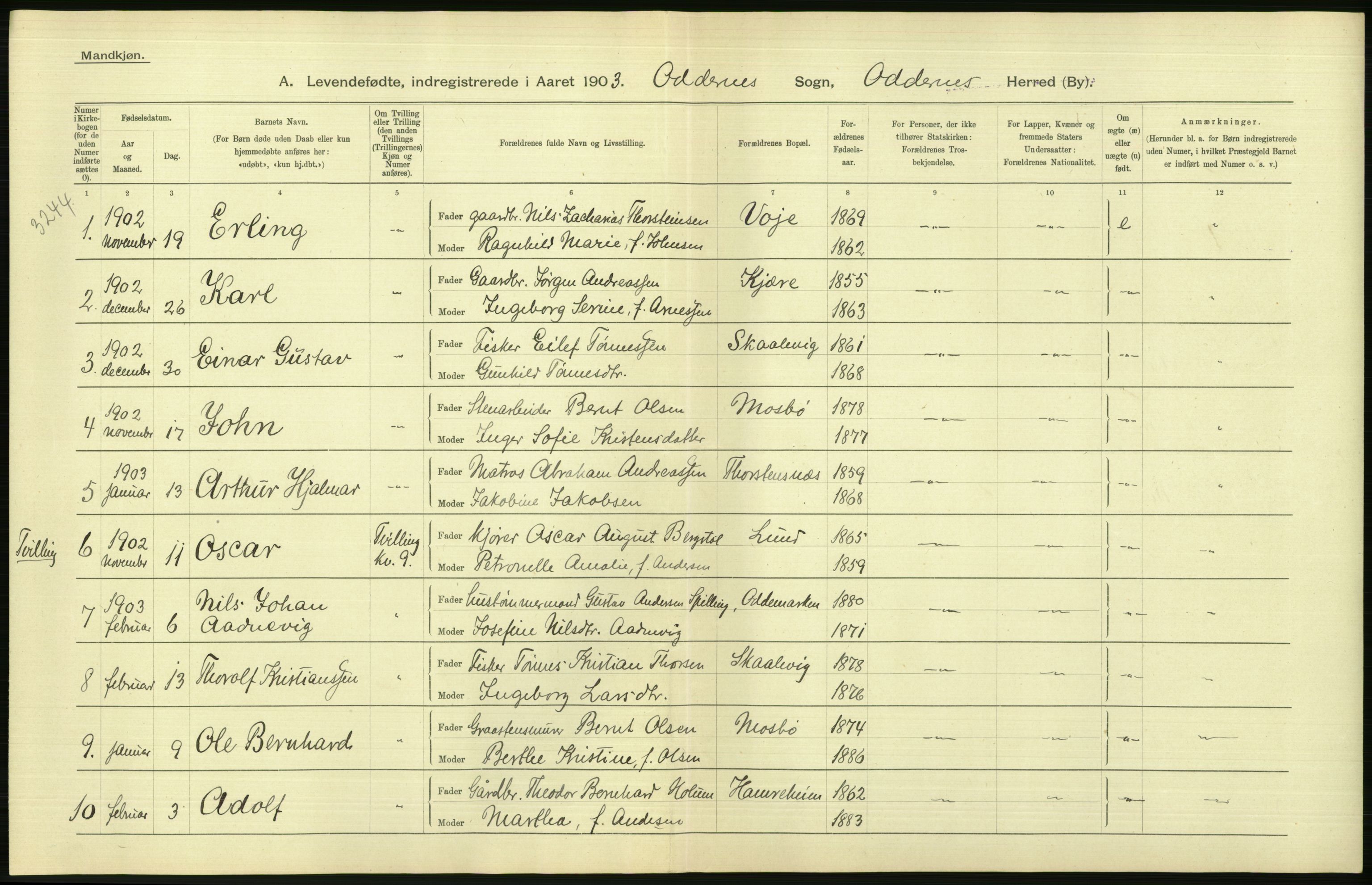 Statistisk sentralbyrå, Sosiodemografiske emner, Befolkning, AV/RA-S-2228/D/Df/Dfa/Dfaa/L0011: Lister og Mandal amt: Fødte, gifte, døde, 1903, p. 194