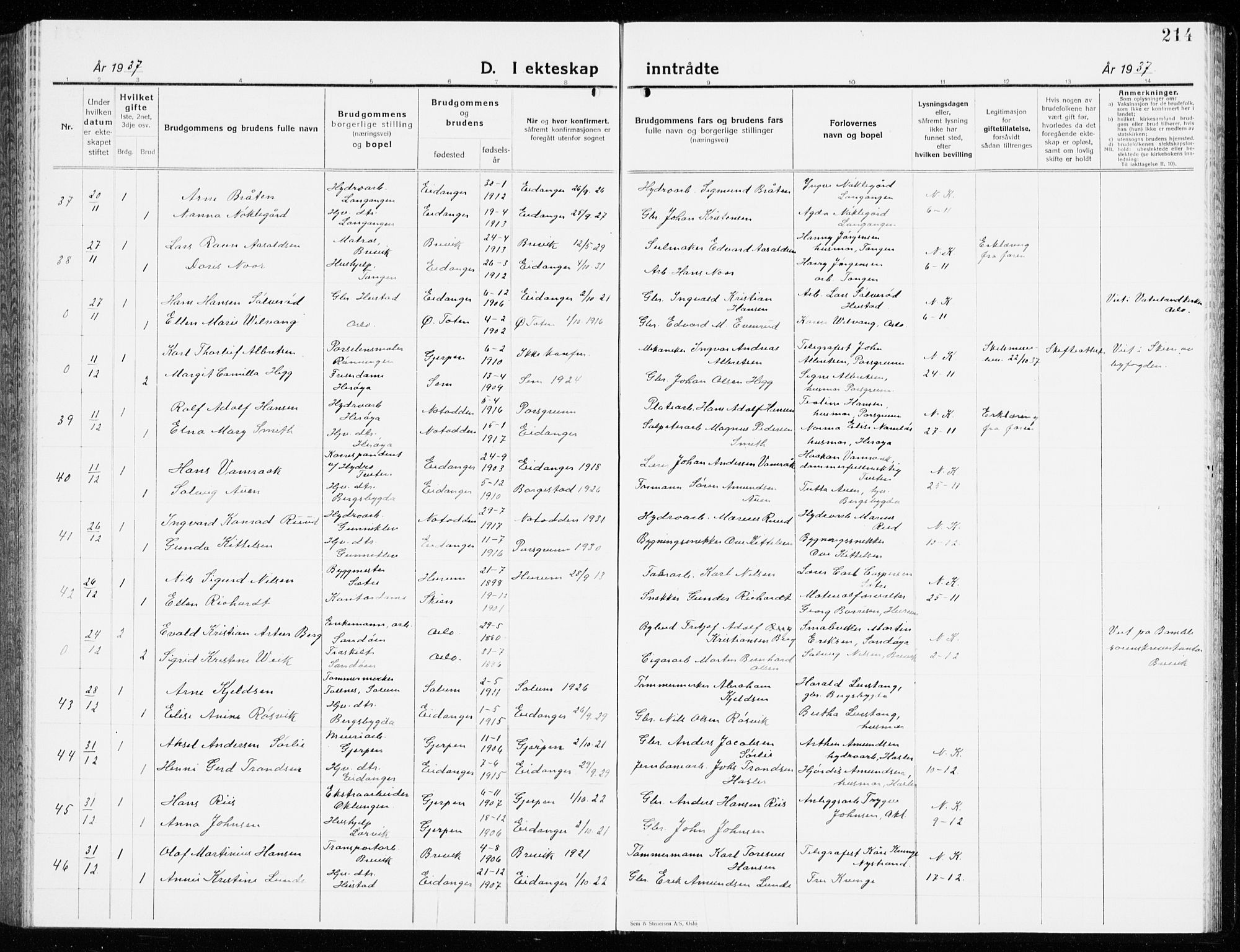 Eidanger kirkebøker, SAKO/A-261/G/Ga/L0005: Parish register (copy) no. 5, 1928-1942, p. 214