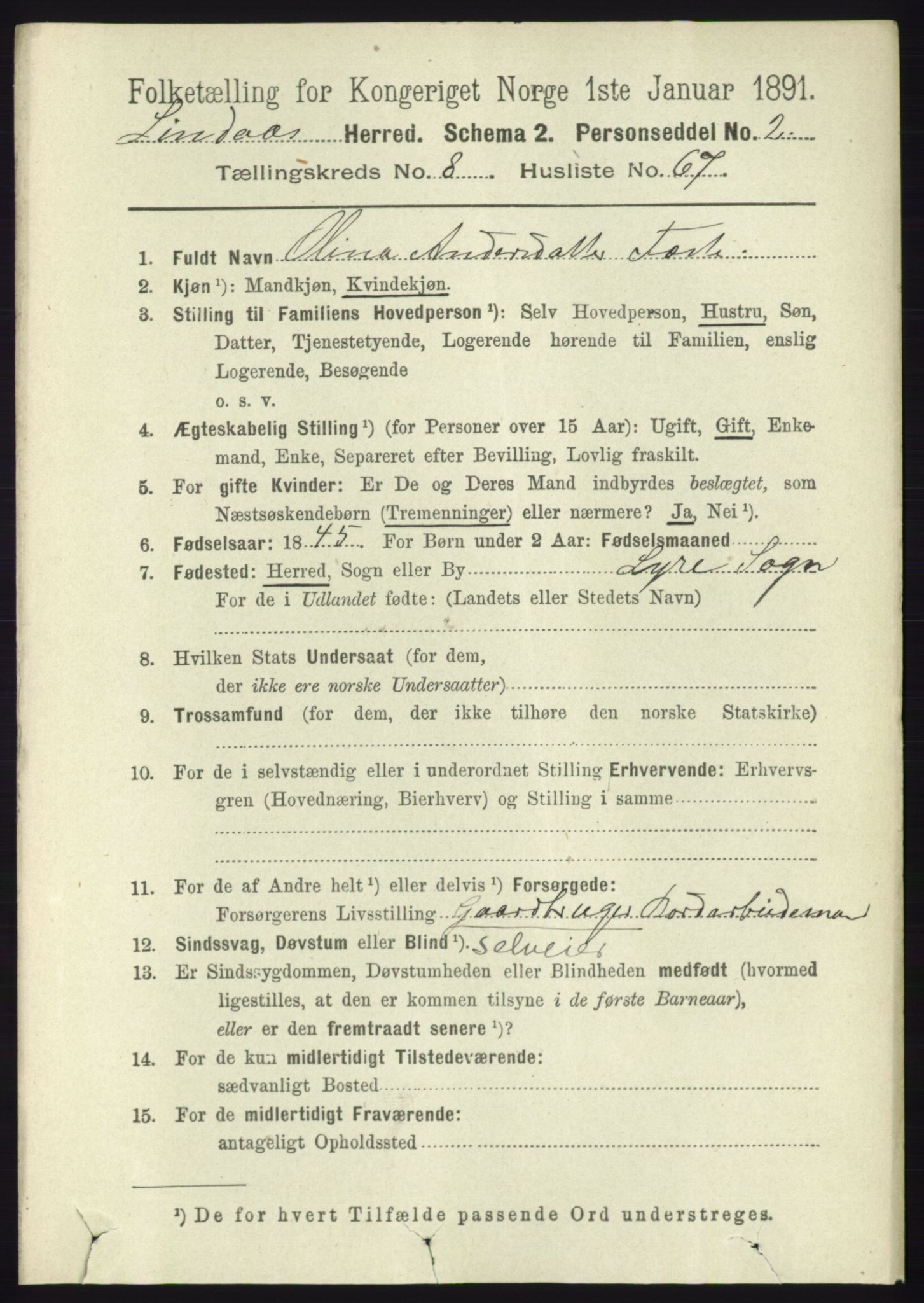 RA, 1891 census for 1263 Lindås, 1891, p. 2890