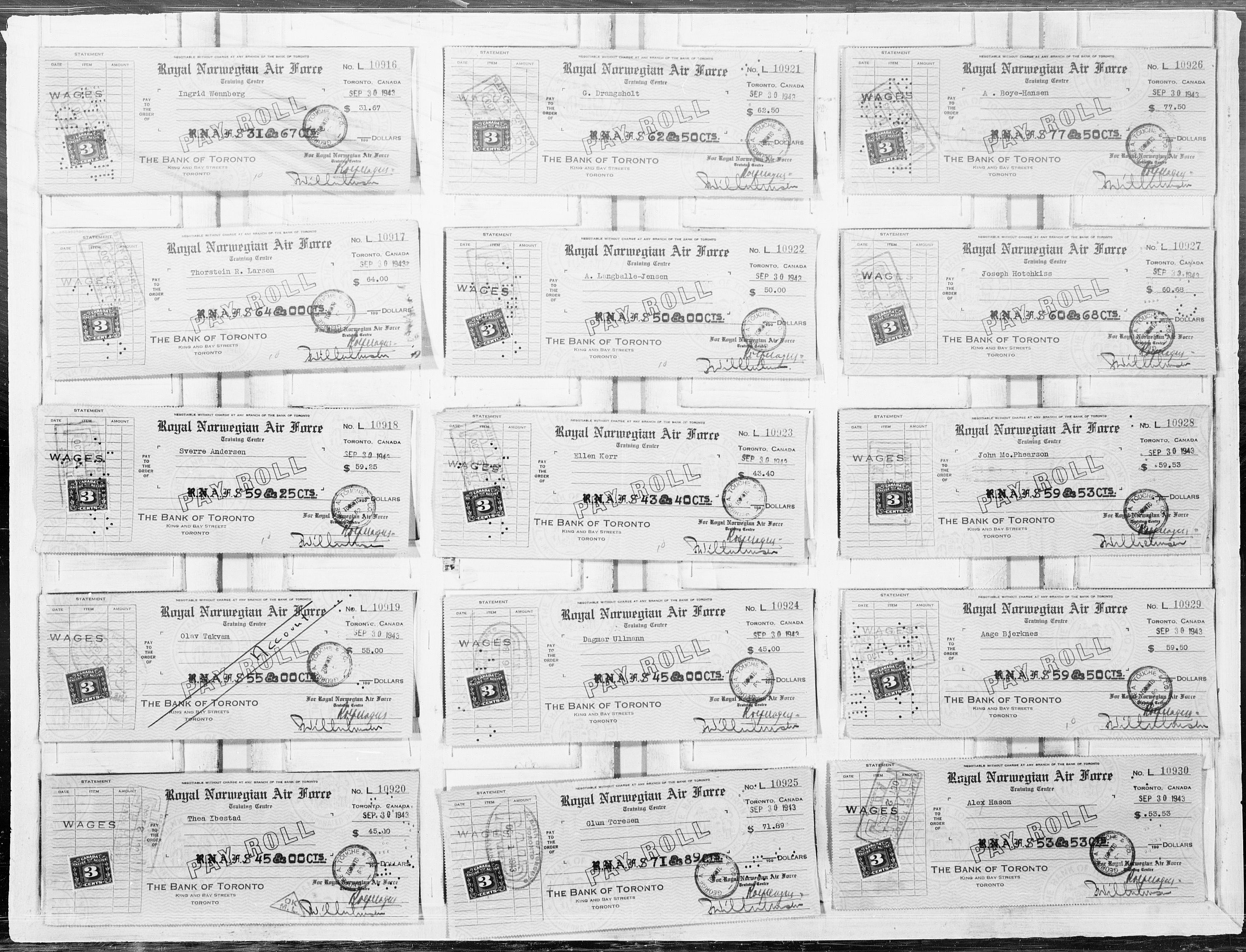 Forsvaret, Flyvåpnenes treningsleir 1940-1945, AV/RA-RAFA-3974/V/L0065: Sjekker.  F.T.L. lønningssjekker L-10 901 til L-16 300., 1940-1945