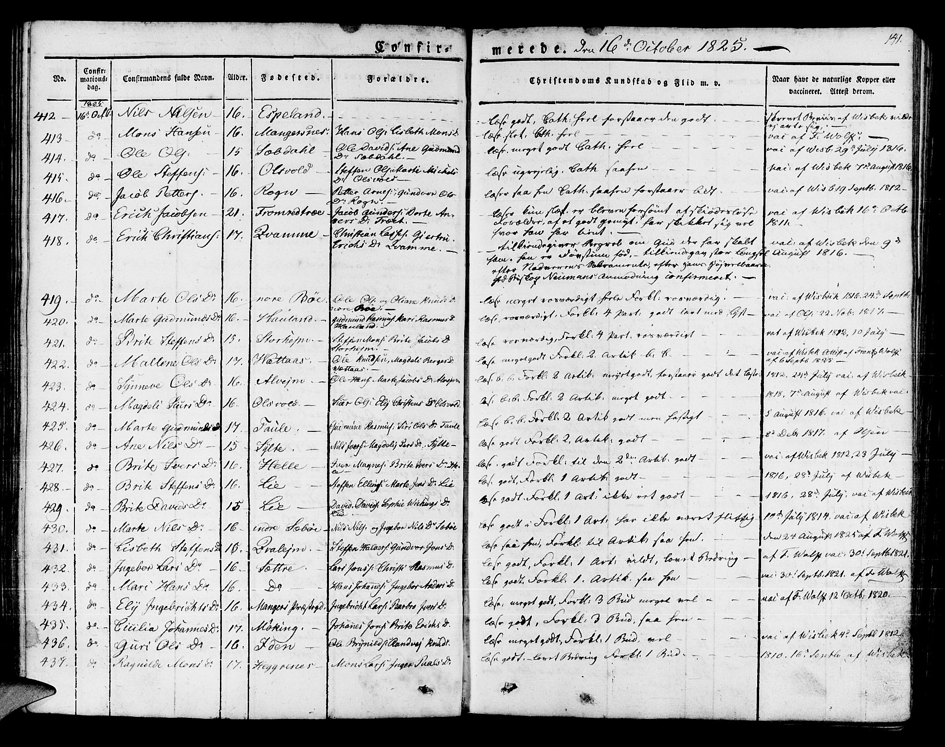 Manger sokneprestembete, SAB/A-76801/H/Haa: Parish register (official) no. A 4, 1824-1838, p. 141