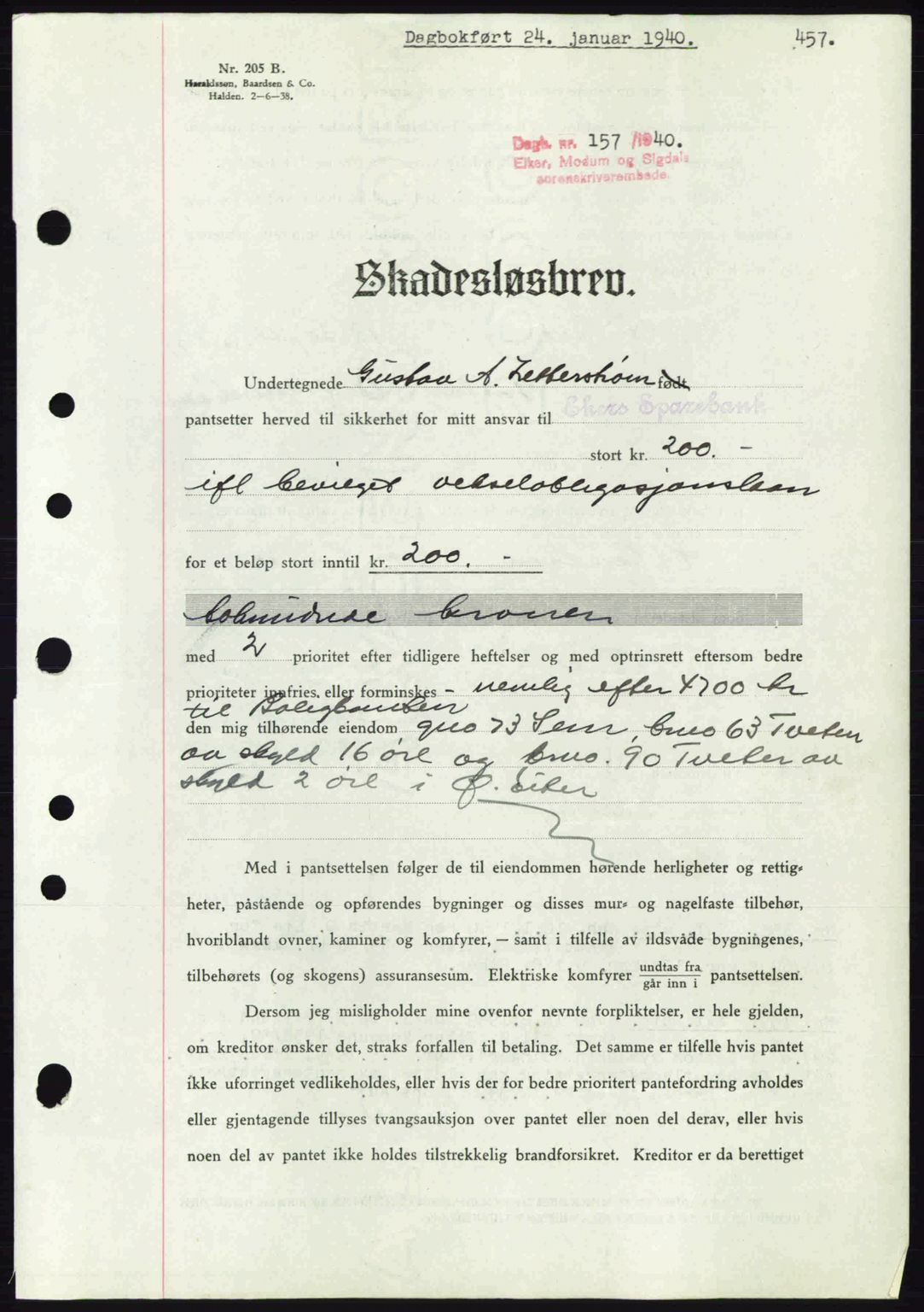 Eiker, Modum og Sigdal sorenskriveri, SAKO/A-123/G/Ga/Gab/L0041: Mortgage book no. A11, 1939-1940, Diary no: : 157/1940