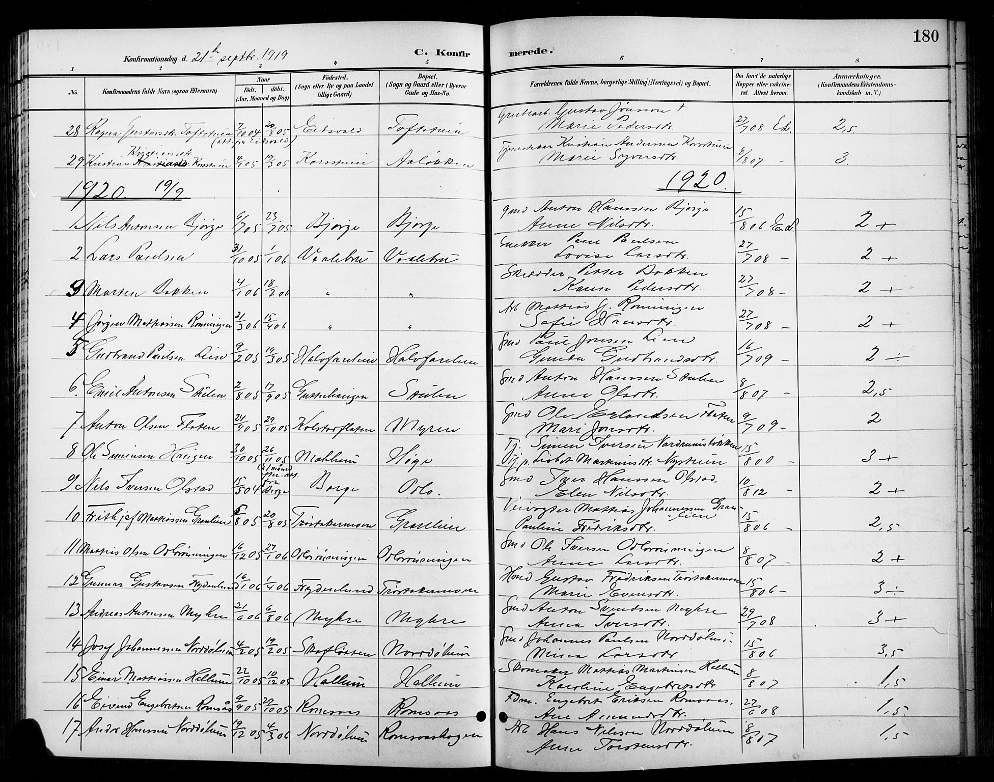Ringebu prestekontor, SAH/PREST-082/H/Ha/Hab/L0009: Parish register (copy) no. 9, 1899-1921, p. 180