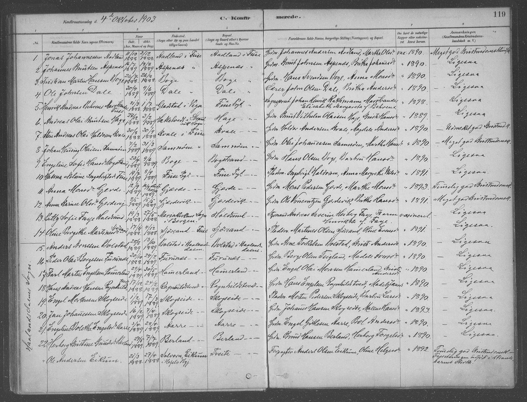 Fusa sokneprestembete, SAB/A-75401/H/Haa: Parish register (official) no. B 1, 1880-1938, p. 119