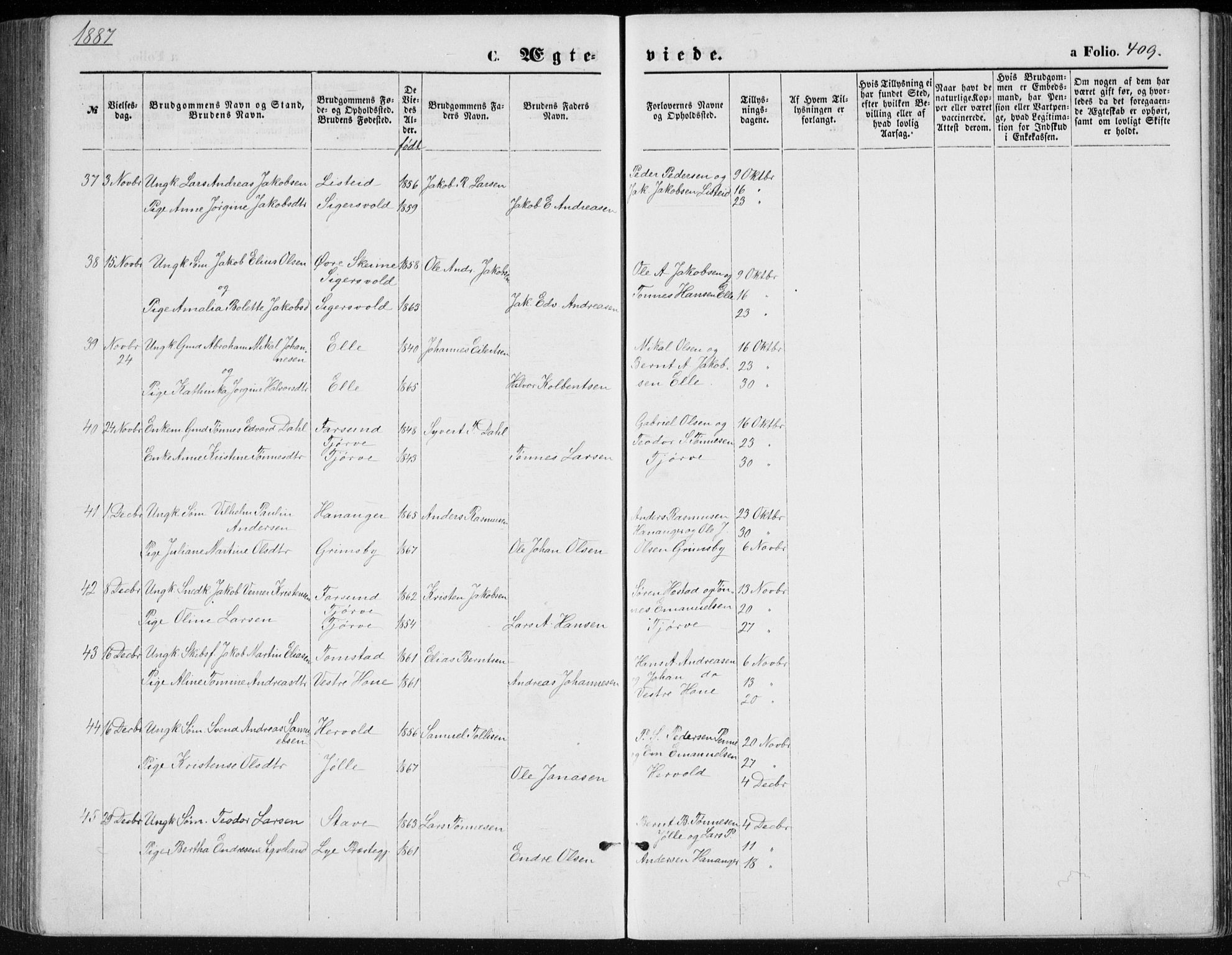 Lista sokneprestkontor, AV/SAK-1111-0027/F/Fb/L0004: Parish register (copy) no. B 4, 1877-1891, p. 409