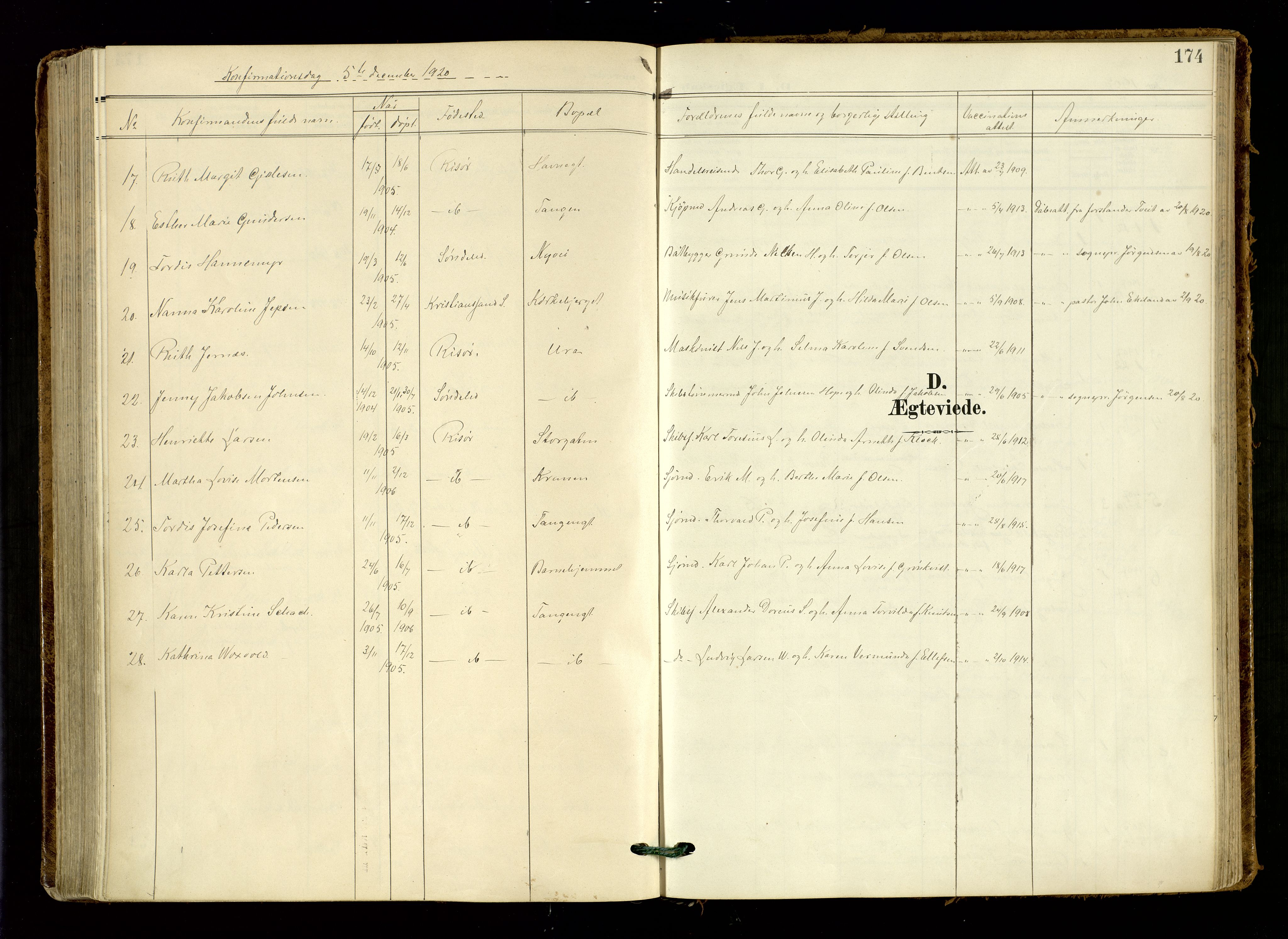 Risør sokneprestkontor, AV/SAK-1111-0035/F/Fa/L0011: Parish register (official) no. A 11, 1907-1920, p. 174