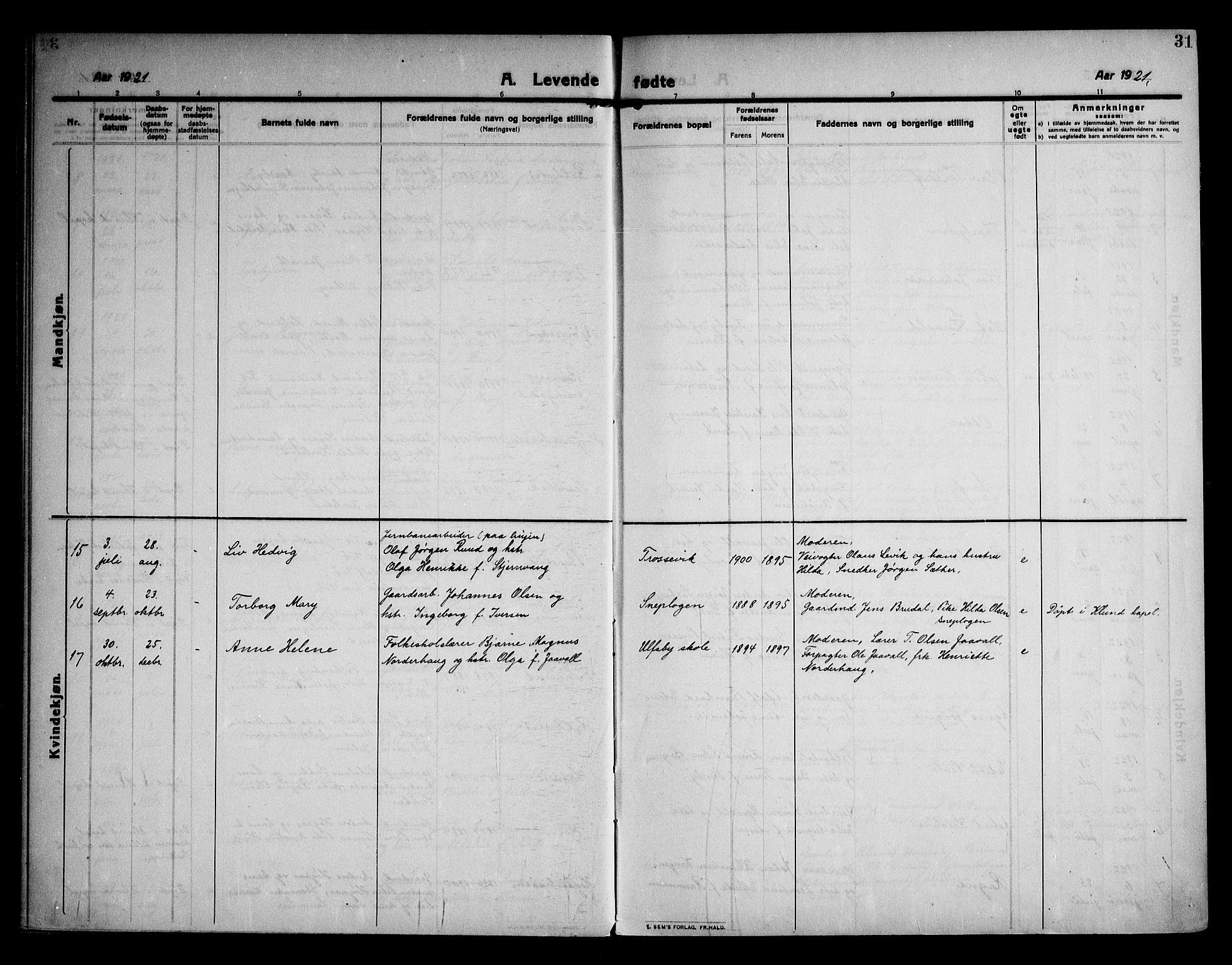 Rødenes prestekontor Kirkebøker, AV/SAO-A-2005/F/Fa/L0012: Parish register (official) no. I 12, 1911-1926, p. 31