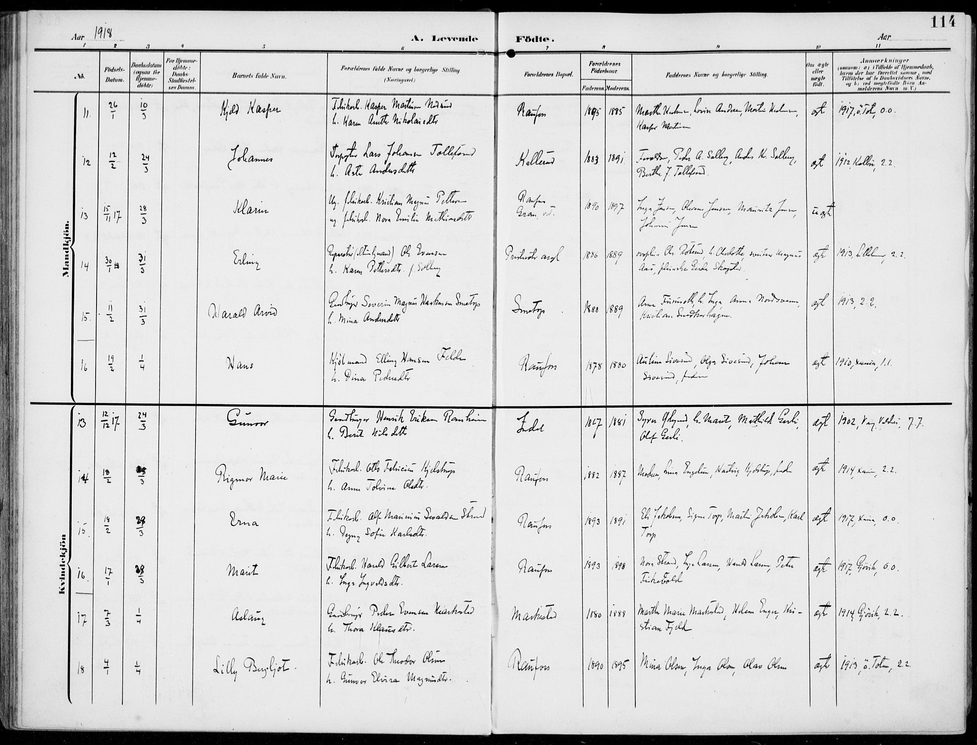 Vestre Toten prestekontor, SAH/PREST-108/H/Ha/Haa/L0014: Parish register (official) no. 14, 1907-1920, p. 114
