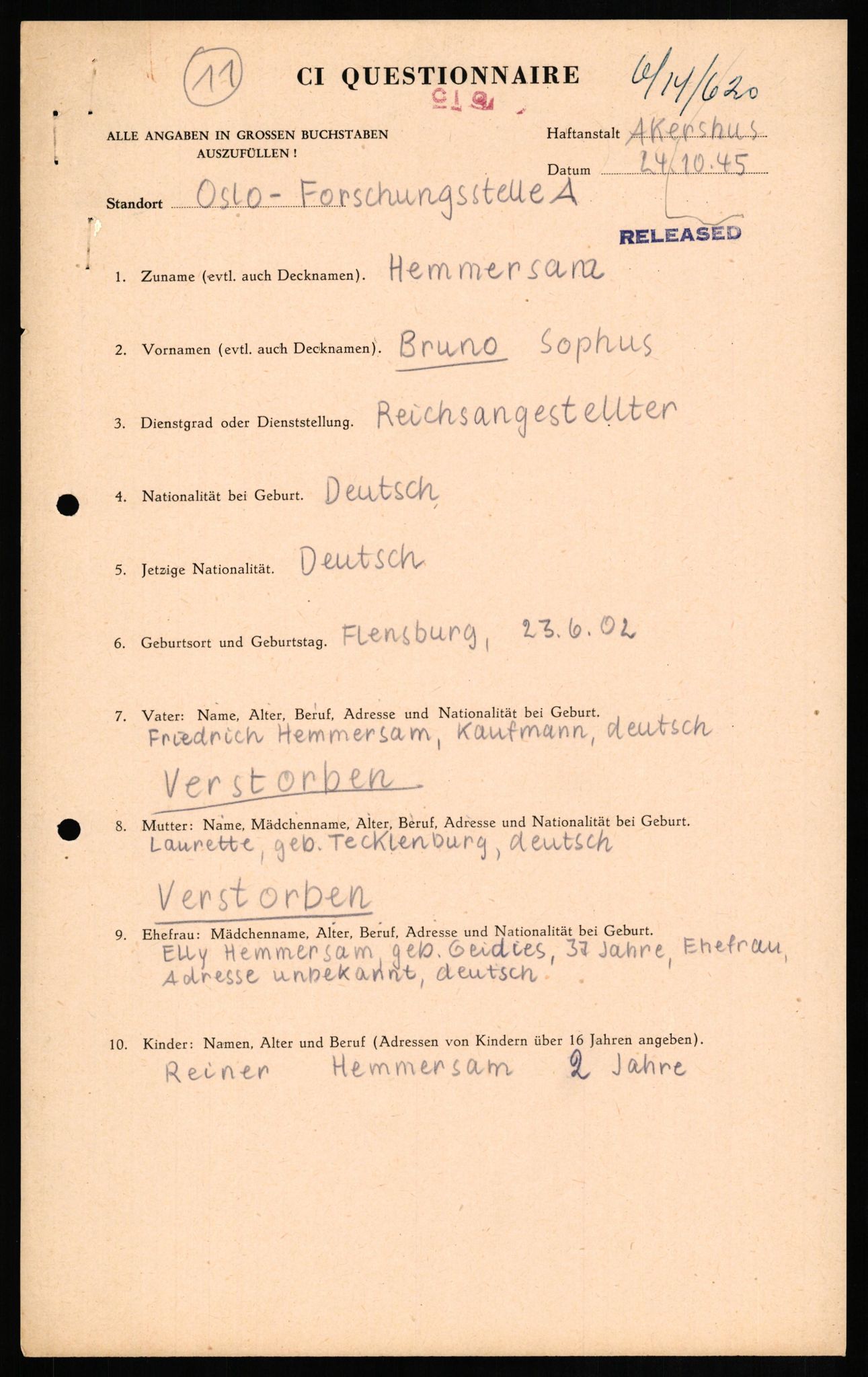 Forsvaret, Forsvarets overkommando II, AV/RA-RAFA-3915/D/Db/L0012: CI Questionaires. Tyske okkupasjonsstyrker i Norge. Tyskere., 1945-1946, p. 408