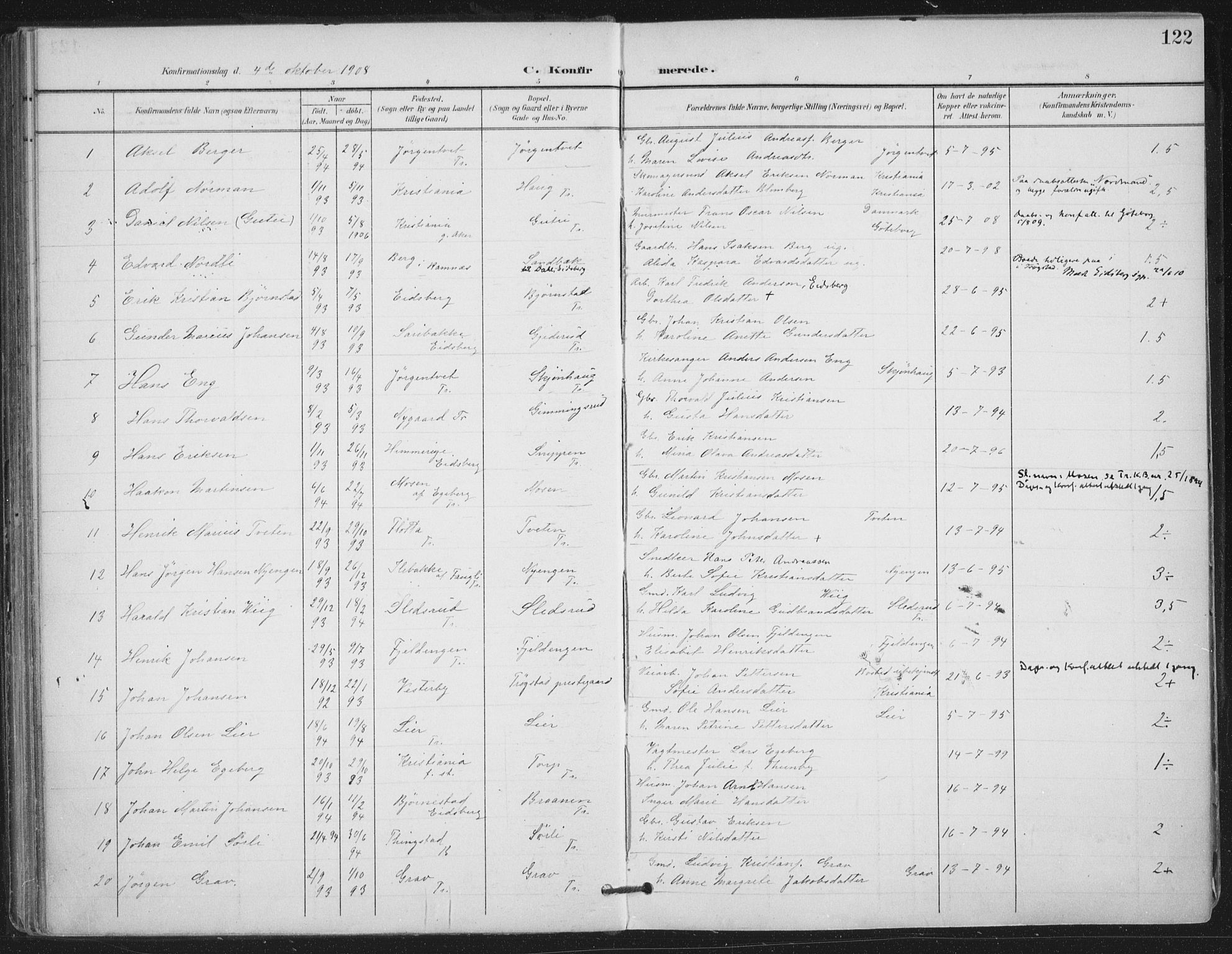 Trøgstad prestekontor Kirkebøker, AV/SAO-A-10925/F/Fa/L0011: Parish register (official) no. I 11, 1899-1919, p. 122