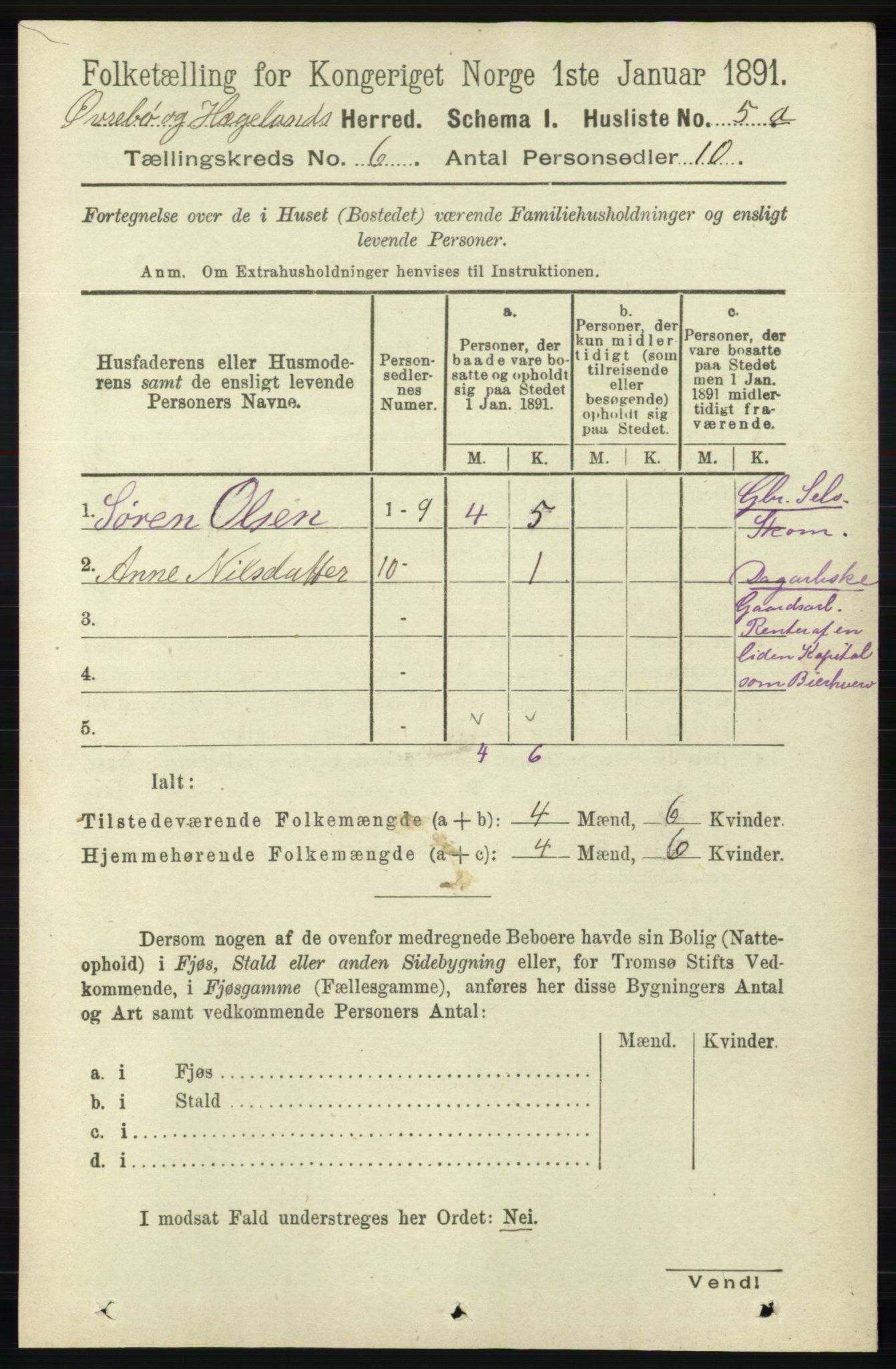 RA, 1891 census for 1016 Øvrebø og Hægeland, 1891, p. 1150