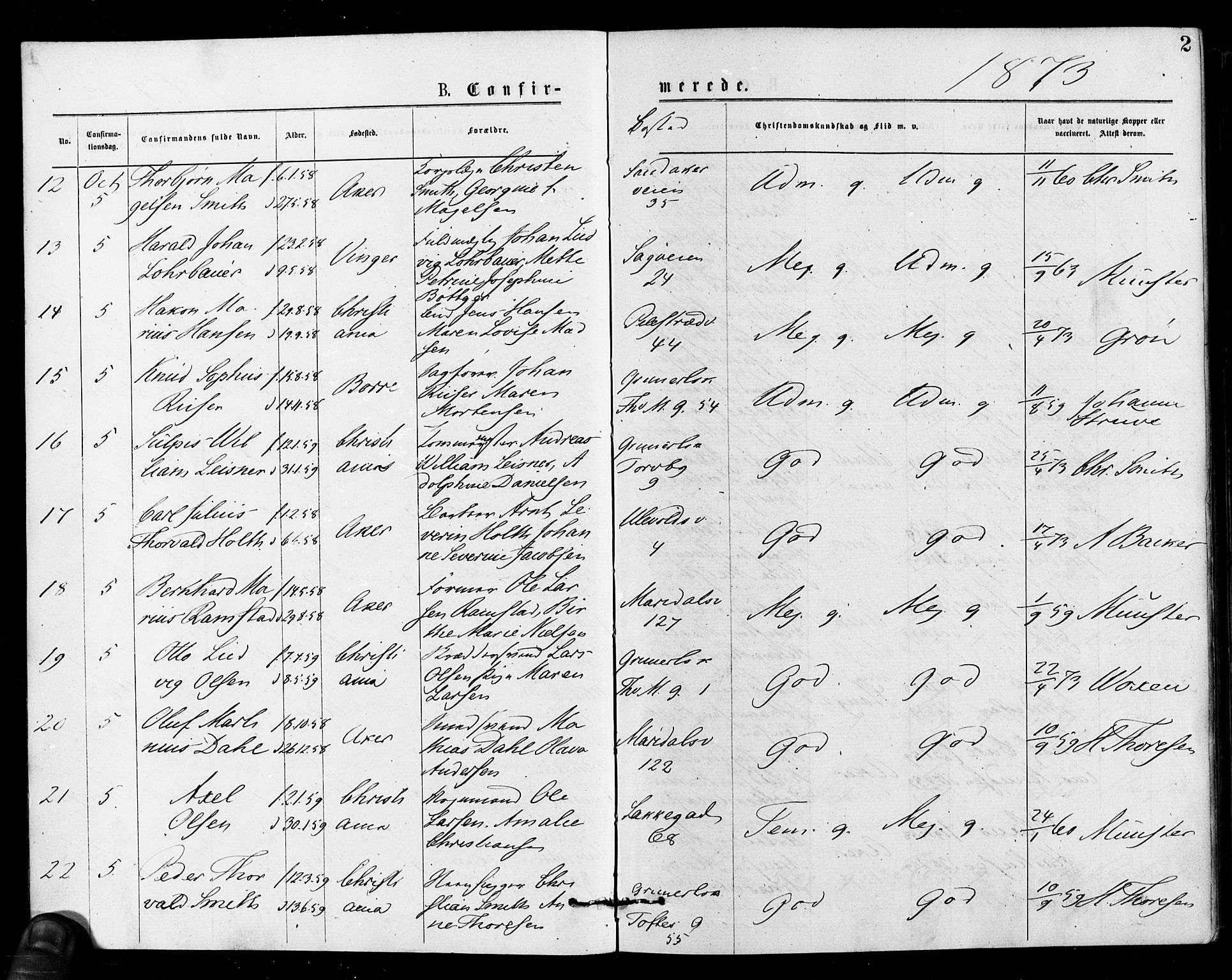 Gamle Aker prestekontor Kirkebøker, AV/SAO-A-10617a/F/L0005: Parish register (official) no. 5, 1873-1881, p. 2