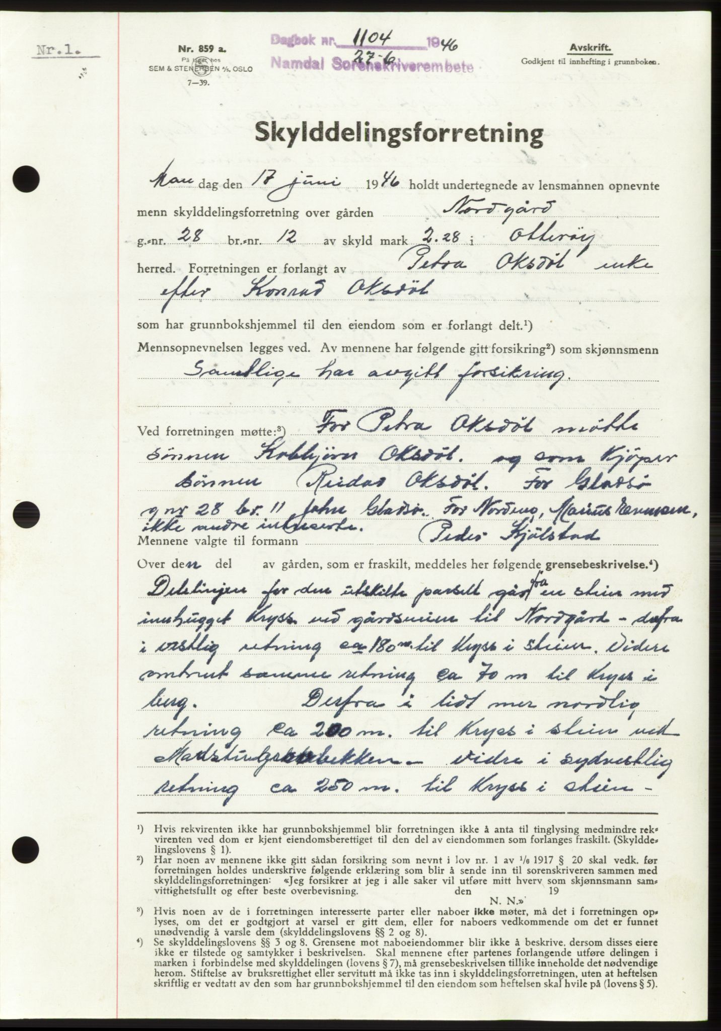 Namdal sorenskriveri, AV/SAT-A-4133/1/2/2C: Mortgage book no. -, 1946-1946, Diary no: : 1104/1946