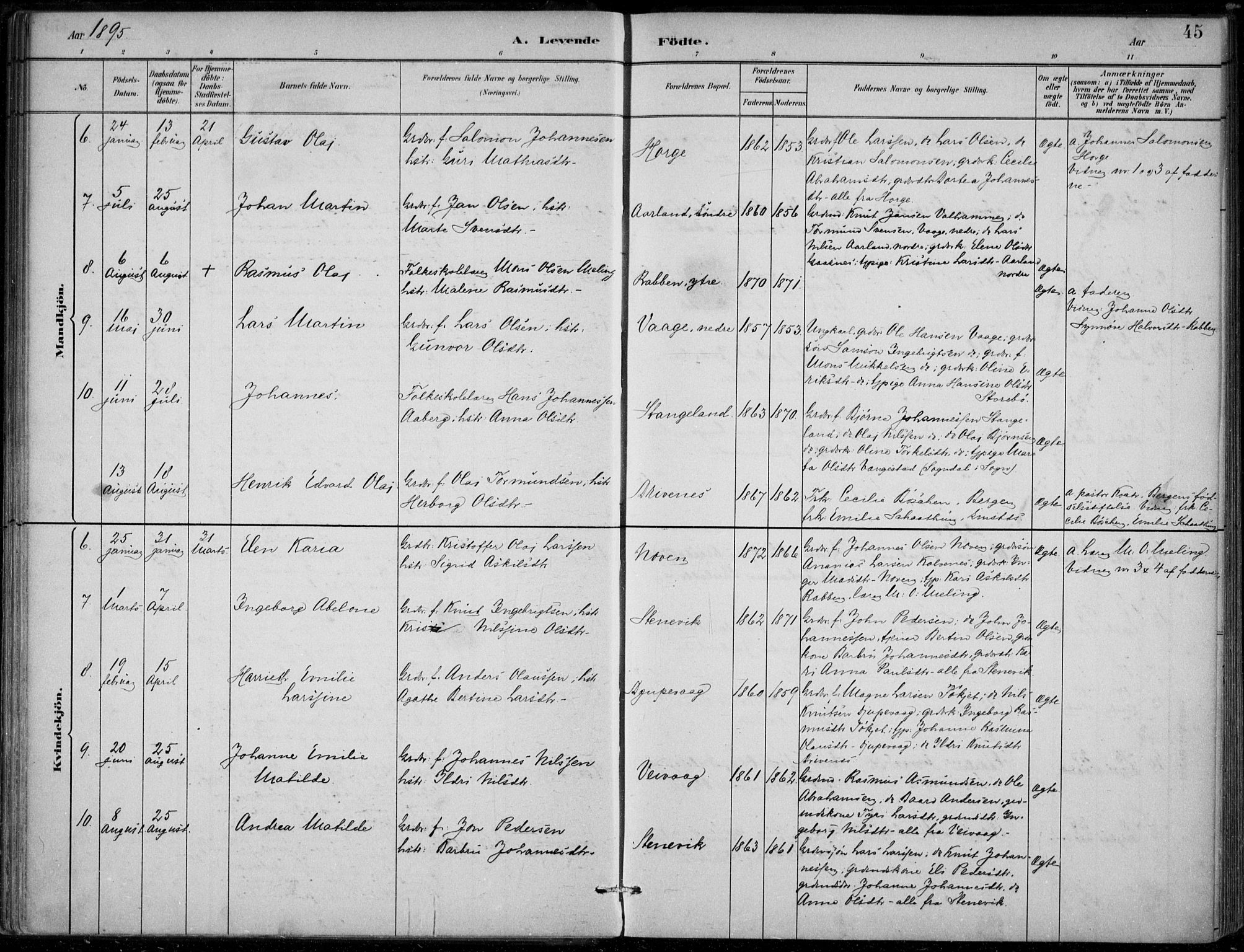 Sund sokneprestembete, AV/SAB-A-99930: Parish register (official) no. D 1, 1882-1899, p. 45