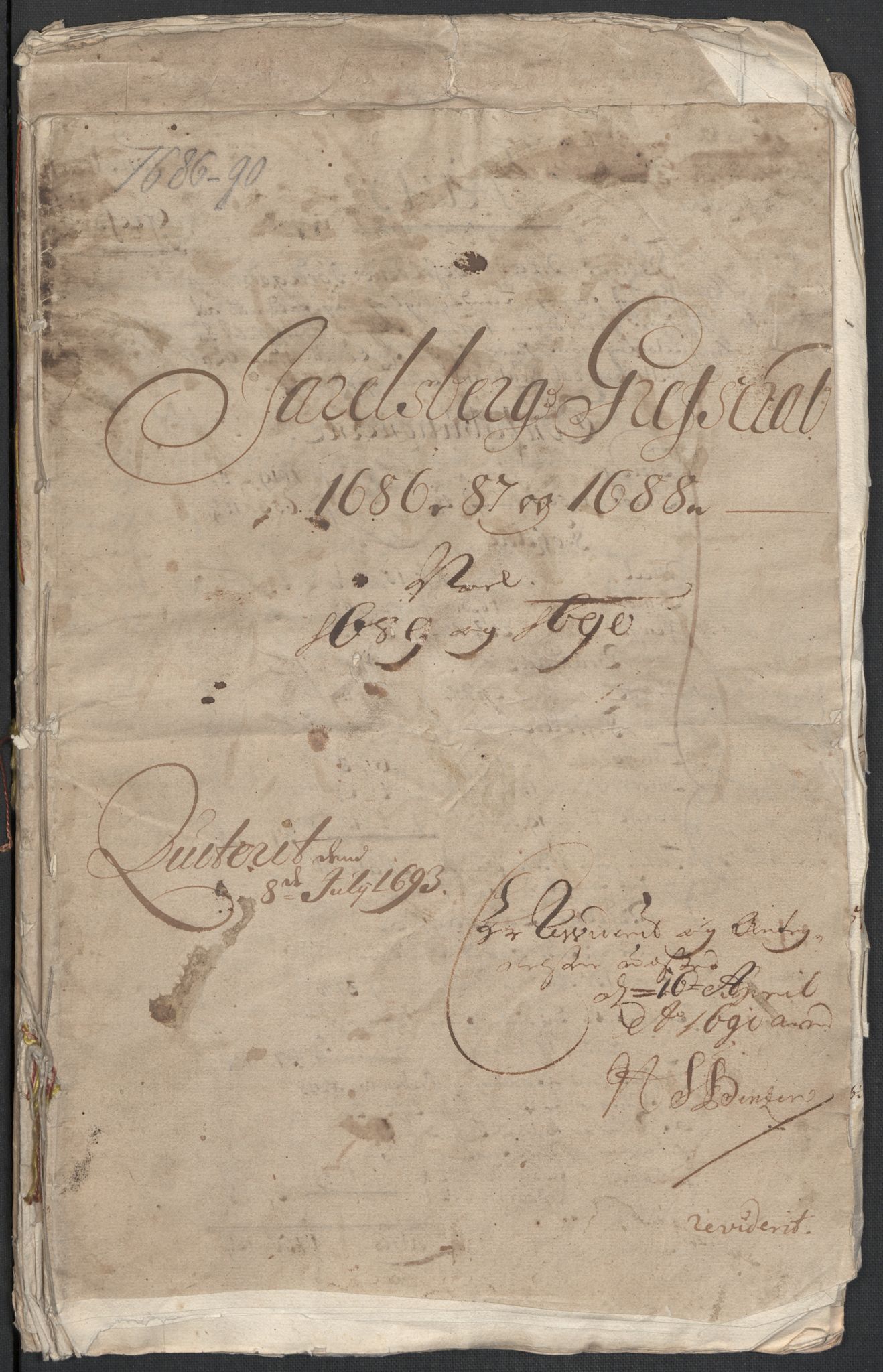 Rentekammeret inntil 1814, Reviderte regnskaper, Fogderegnskap, RA/EA-4092/R32/L1857: Fogderegnskap Jarlsberg grevskap, 1686-1690, p. 1