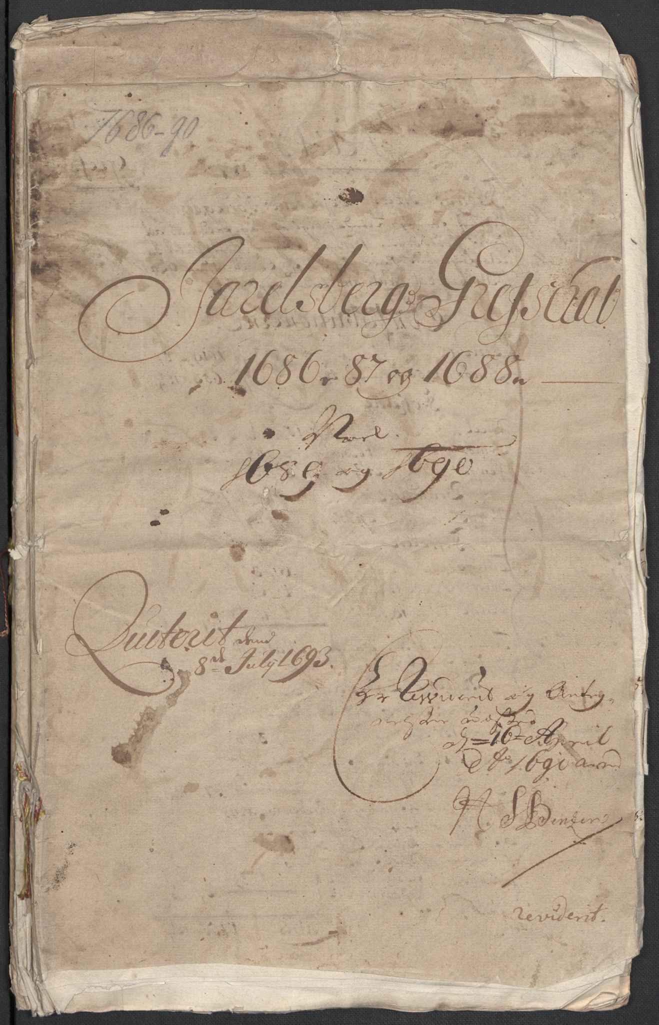 Rentekammeret inntil 1814, Reviderte regnskaper, Fogderegnskap, AV/RA-EA-4092/R32/L1857: Fogderegnskap Jarlsberg grevskap, 1686-1690, p. 1